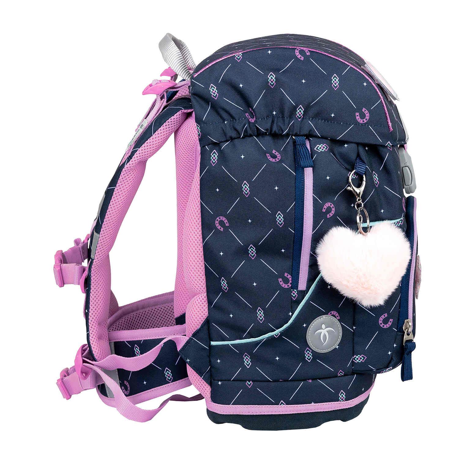 A child fashionably carrying the Belmil Motion Midnight Gallop Ergonomic School Bag Set – Made from Recycled Materials, 5 pcs, with 9 Interchangeable Patches with a fluffy keychain.