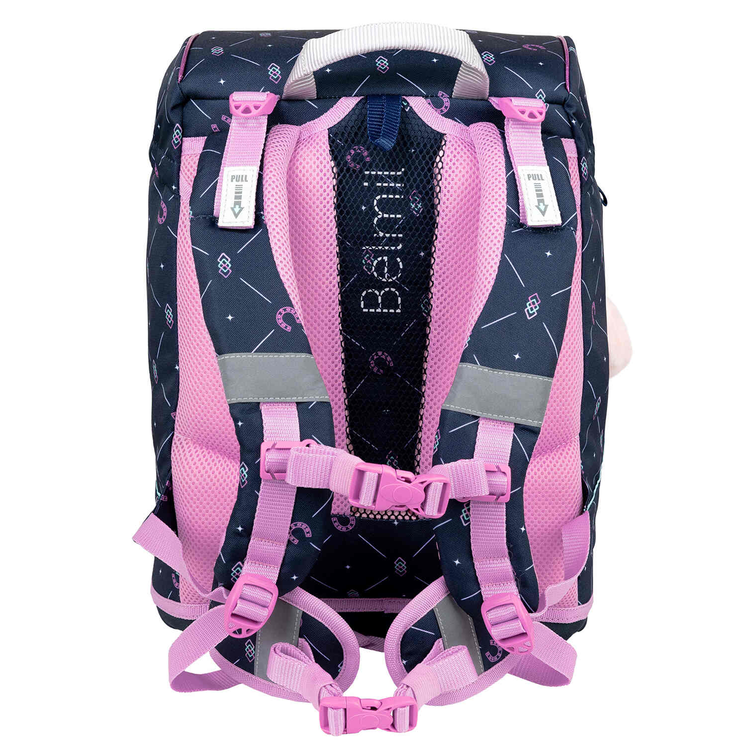 A stylish view of the Belmil Motion Midnight Gallop Ergonomic School Bag Set – Made from Recycled Materials, 5 pcs, with 9 Interchangeable Patches featuring a midnight gallop design.