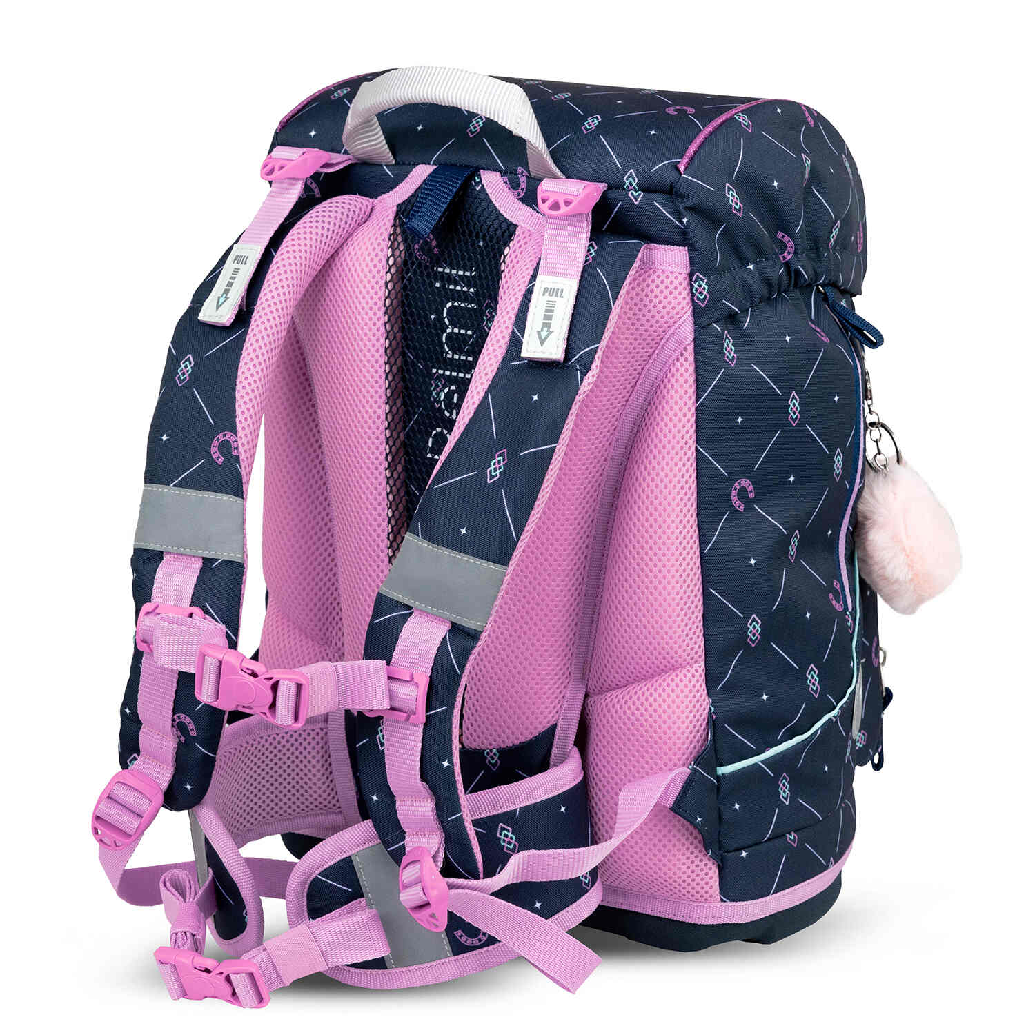 Belmil Motion Midnight Gallop Ergonomic School Bag Set – Made from Recycled Materials, 5 pcs, with 9 Interchangeable Patches with a focus on the adjustable shoulder straps.