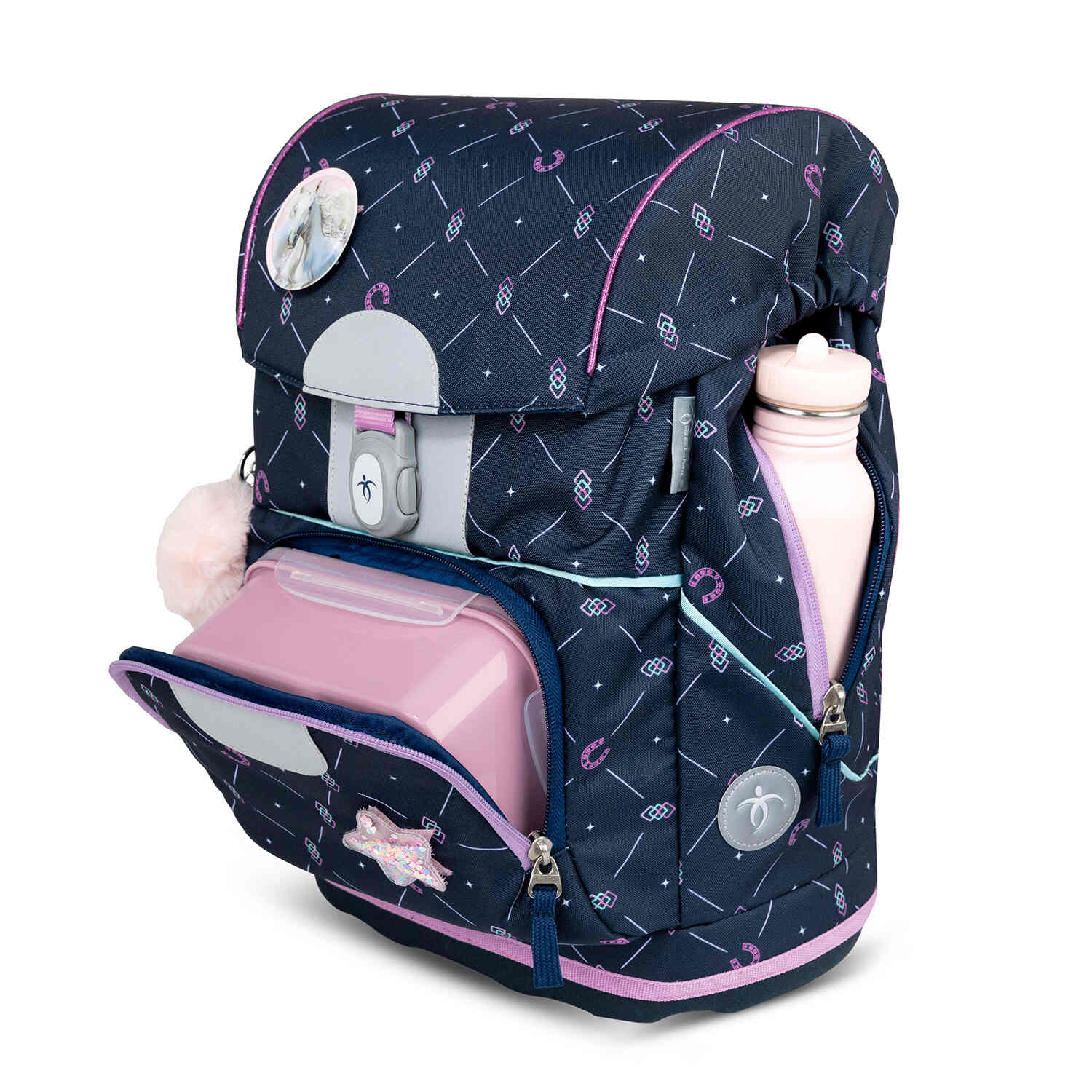 Ergonomic features of the Belmil Motion Midnight Gallop Ergonomic School Bag Set – Made from Recycled Materials, 5 pcs, with 9 Interchangeable Patches designed for children's comfort.