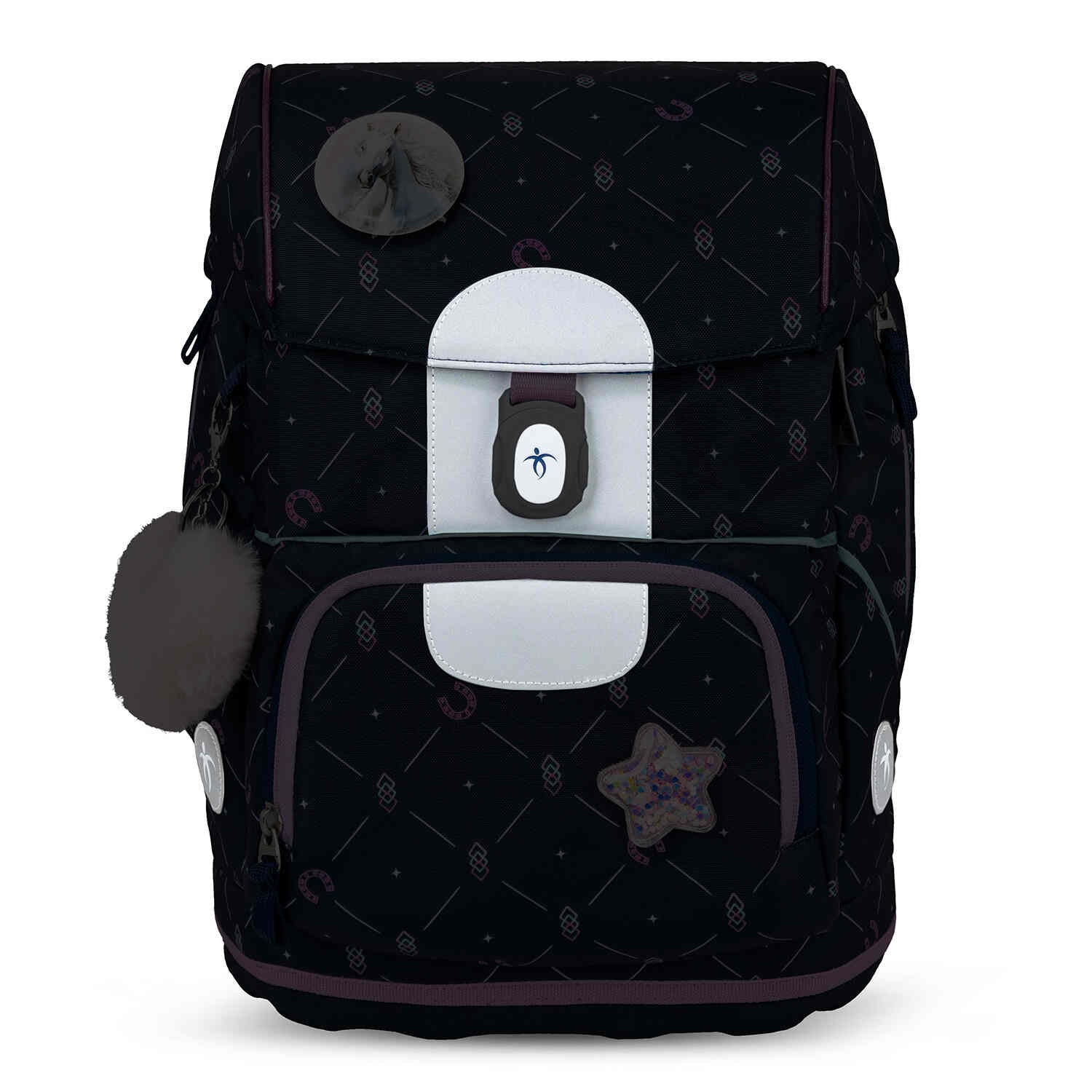 Colorful accessories and features of the Belmil Motion Midnight Gallop Ergonomic School Bag Set – Made from Recycled Materials, 5 pcs, with 9 Interchangeable Patches.