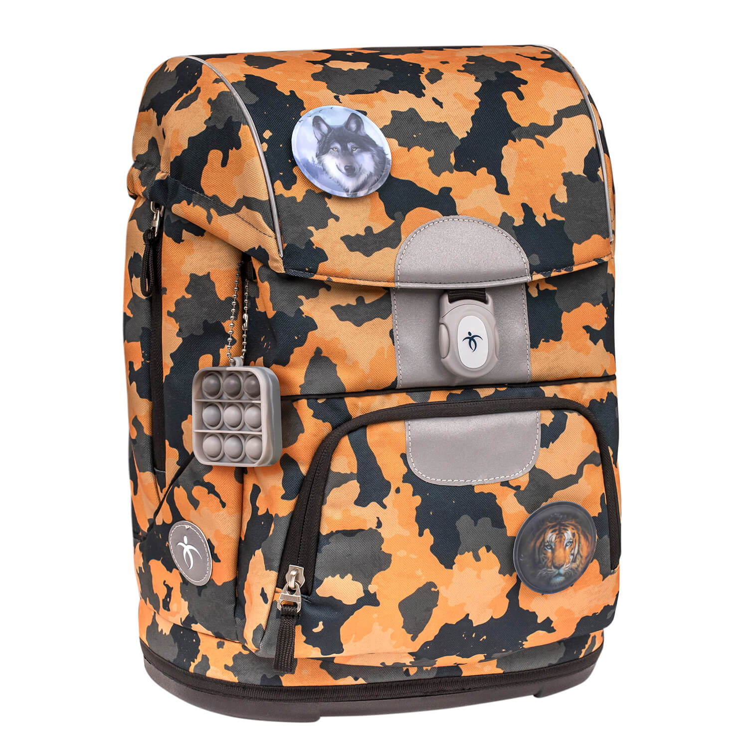 Set of 9 interchangeable decorative patches included with Belmil Motion School Bag for personalization.