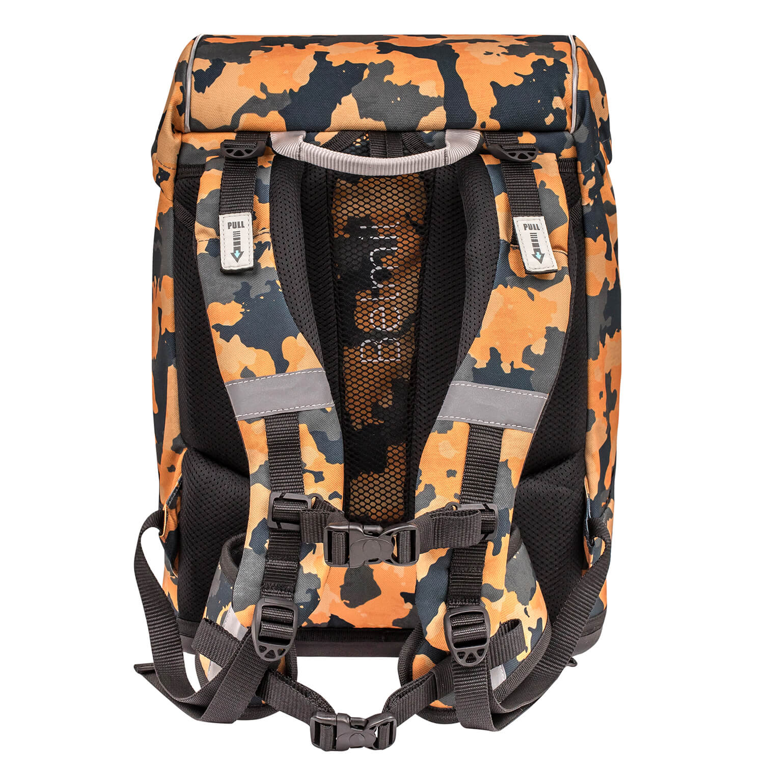 Belmil Motion Orange Camouflage School Bag displayed with colorful wild animal patches for kids.