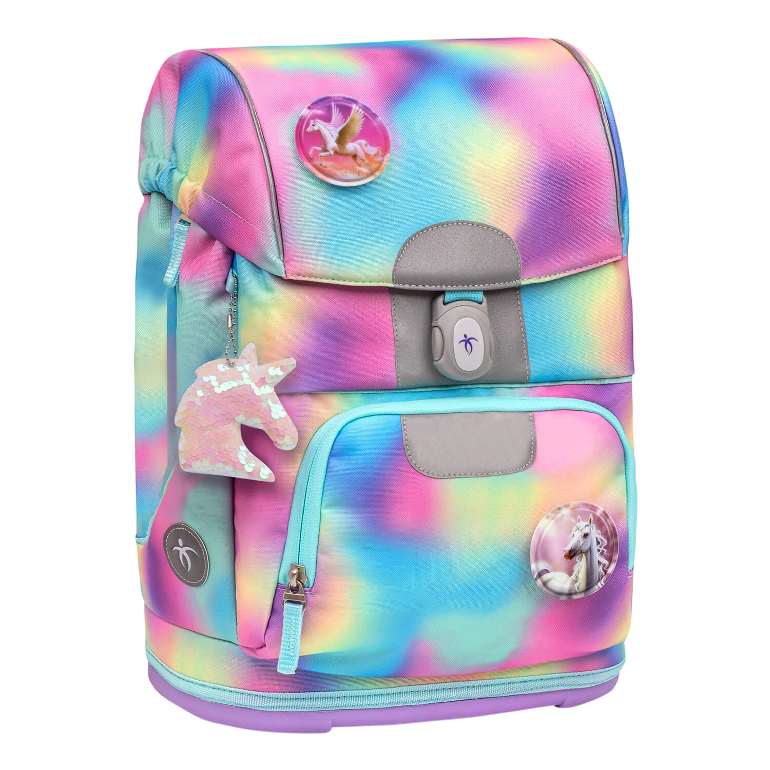 Side view of the Belmil Motion Rainbow Color Ergonomic School Bag Set – Made from Recycled Materials, 5 pcs, with 9 Interchangeable Patches showing side pockets for drinks and umbrellas.