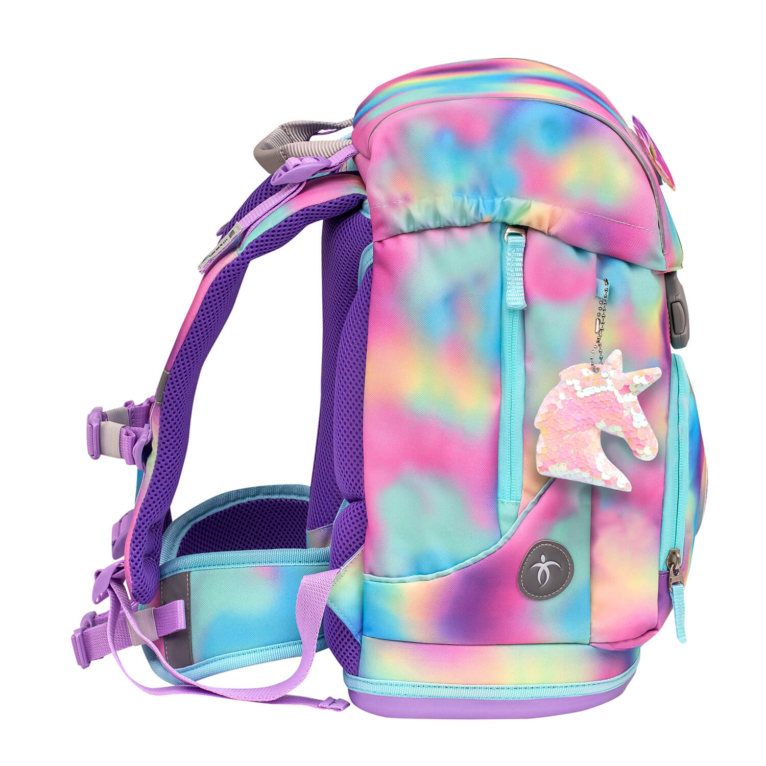 Child happily holding the Belmil Motion Rainbow Color Ergonomic School Bag Set – Made from Recycled Materials, 5 pcs, with 9 Interchangeable Patches with colorful patches.