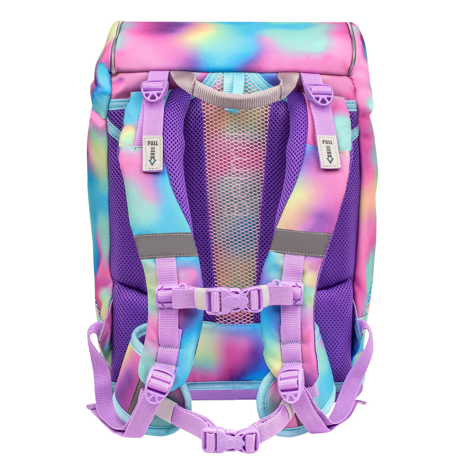 Overview of the Belmil Motion Rainbow Color Ergonomic School Bag Set – Made from Recycled Materials, 5 pcs, with 9 Interchangeable Patches alongside its decorative patches.