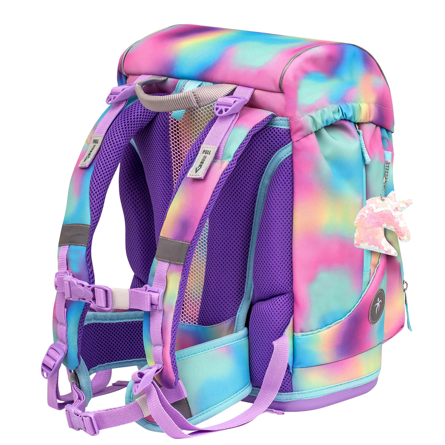 The back panel of the Belmil Motion Rainbow Color Ergonomic School Bag Set – Made from Recycled Materials, 5 pcs, with 9 Interchangeable Patches displaying breathable padded material.