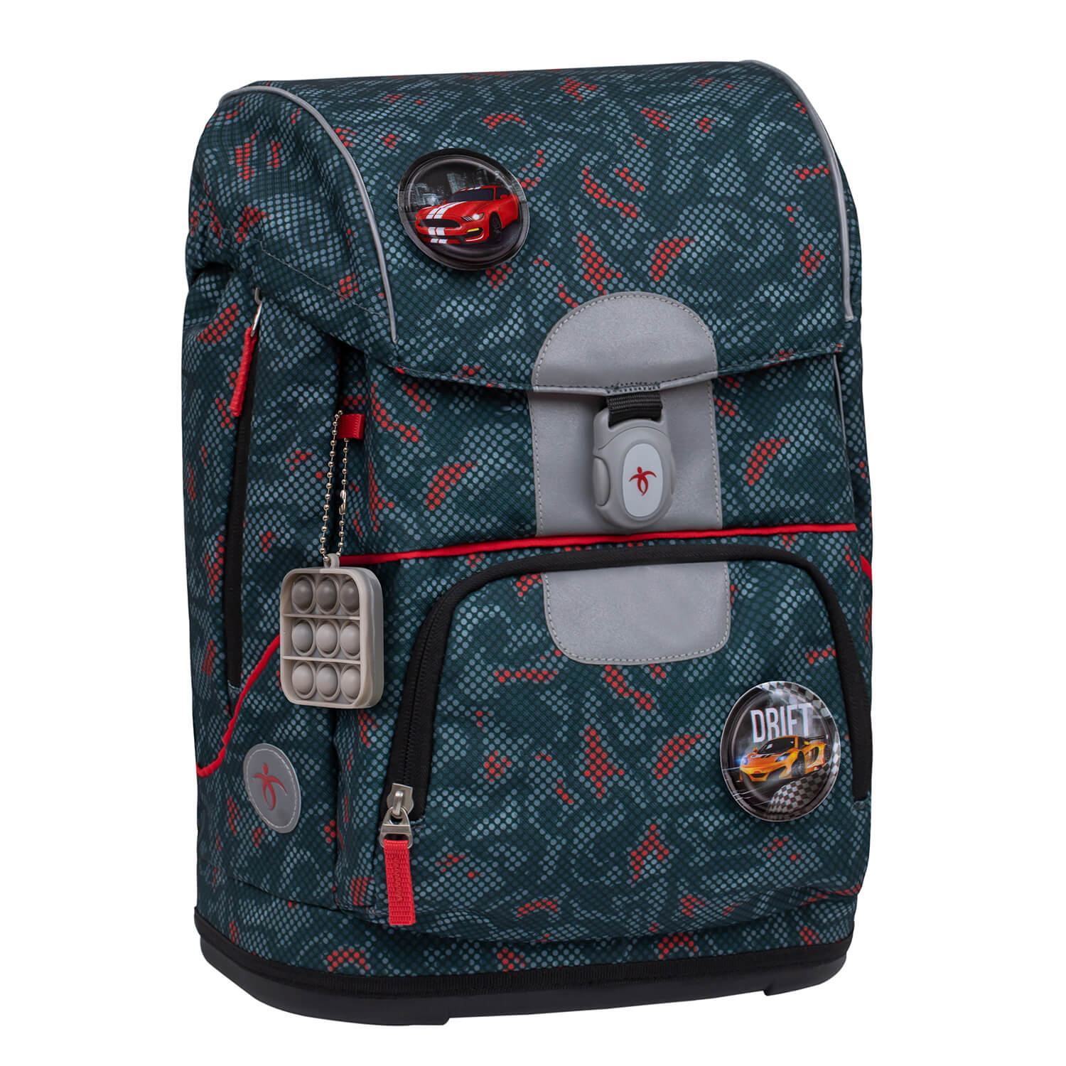 The Belmil Motion School Bag with its insulated thermo-foil front pocket ideal for snacks, featuring a stylish red dots design.