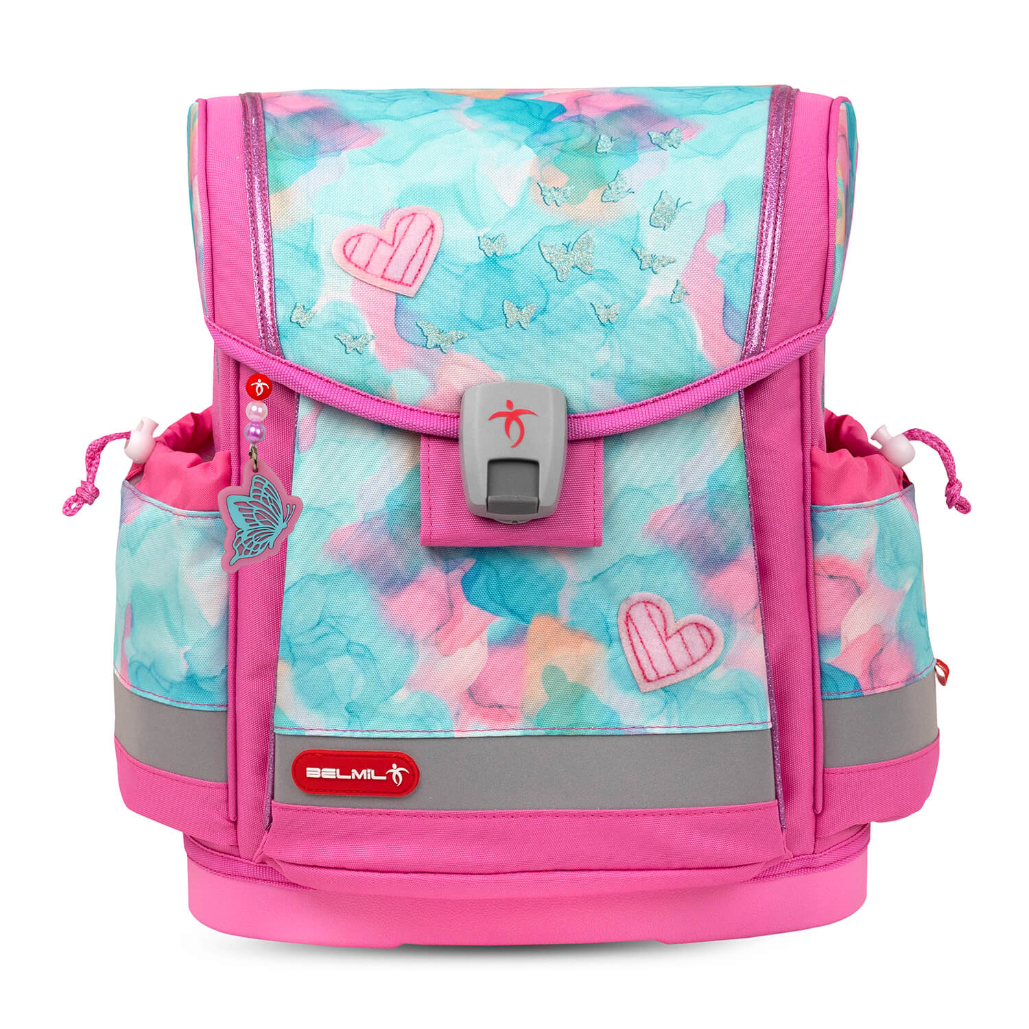 Close-up of the ergonomic back panel of the Belmil Classy Plus Ergonomic School Bag Set for Girls “Aqua Rose” Design + Unicorn Raincoat – 6-Piece Back-Friendly Starter Set highlighting breathable padding.