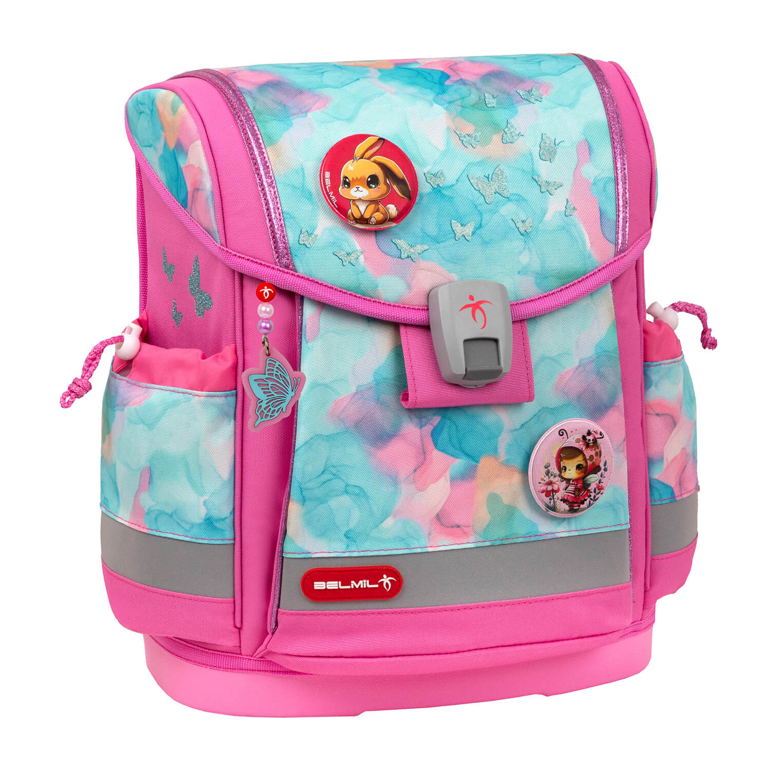 Adjustable shoulder straps on the Belmil Classy Plus Ergonomic School Bag Set for Girls “Aqua Rose” Design + Unicorn Raincoat – 6-Piece Back-Friendly Starter Set providing a perfect fit.