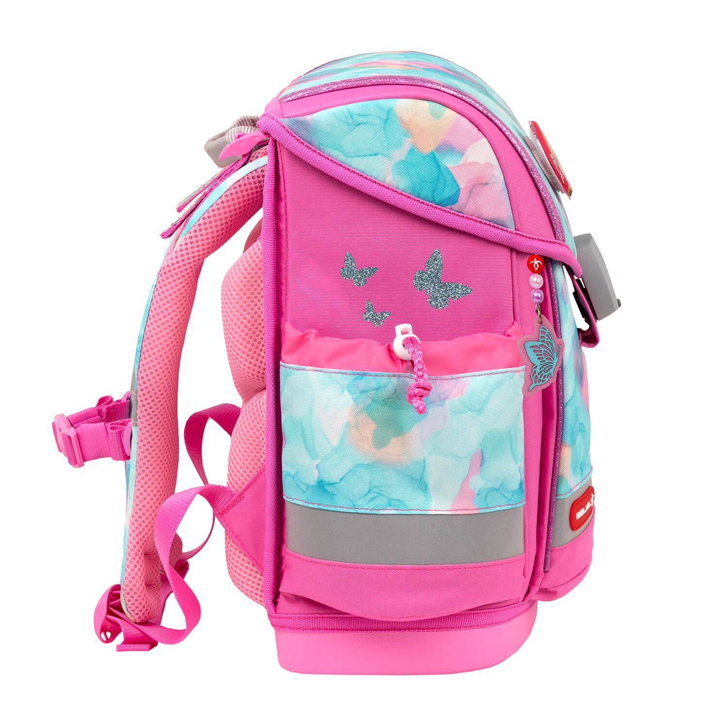 German-made Fidlock magnetic buckle on the Belmil Classy Plus Ergonomic School Bag Set for Girls “Aqua Rose” Design + Unicorn Raincoat – 6-Piece Back-Friendly Starter Set, ensuring secure closure.