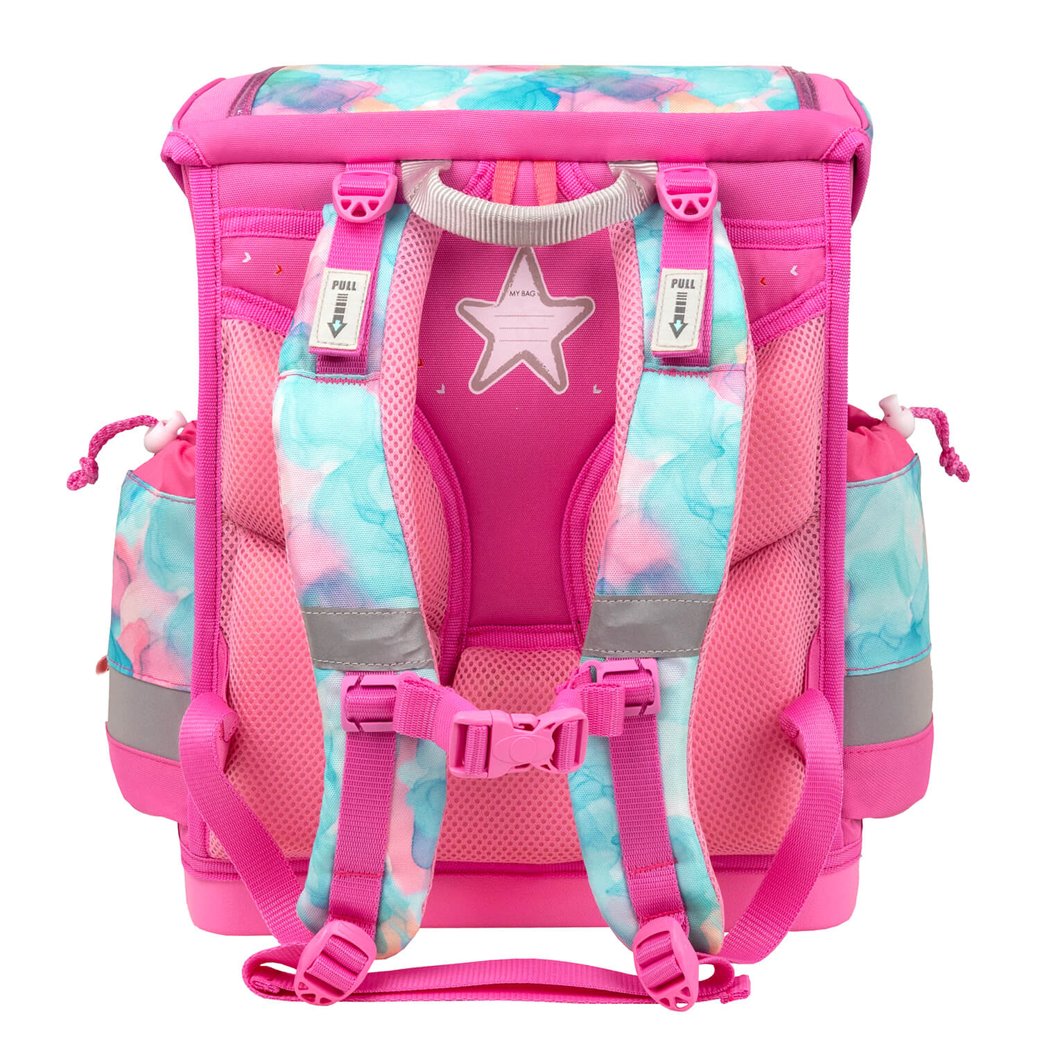 Reflective elements for visibility on the Belmil Classy Plus Ergonomic School Bag Set for Girls “Aqua Rose” Design + Unicorn Raincoat – 6-Piece Back-Friendly Starter Set.