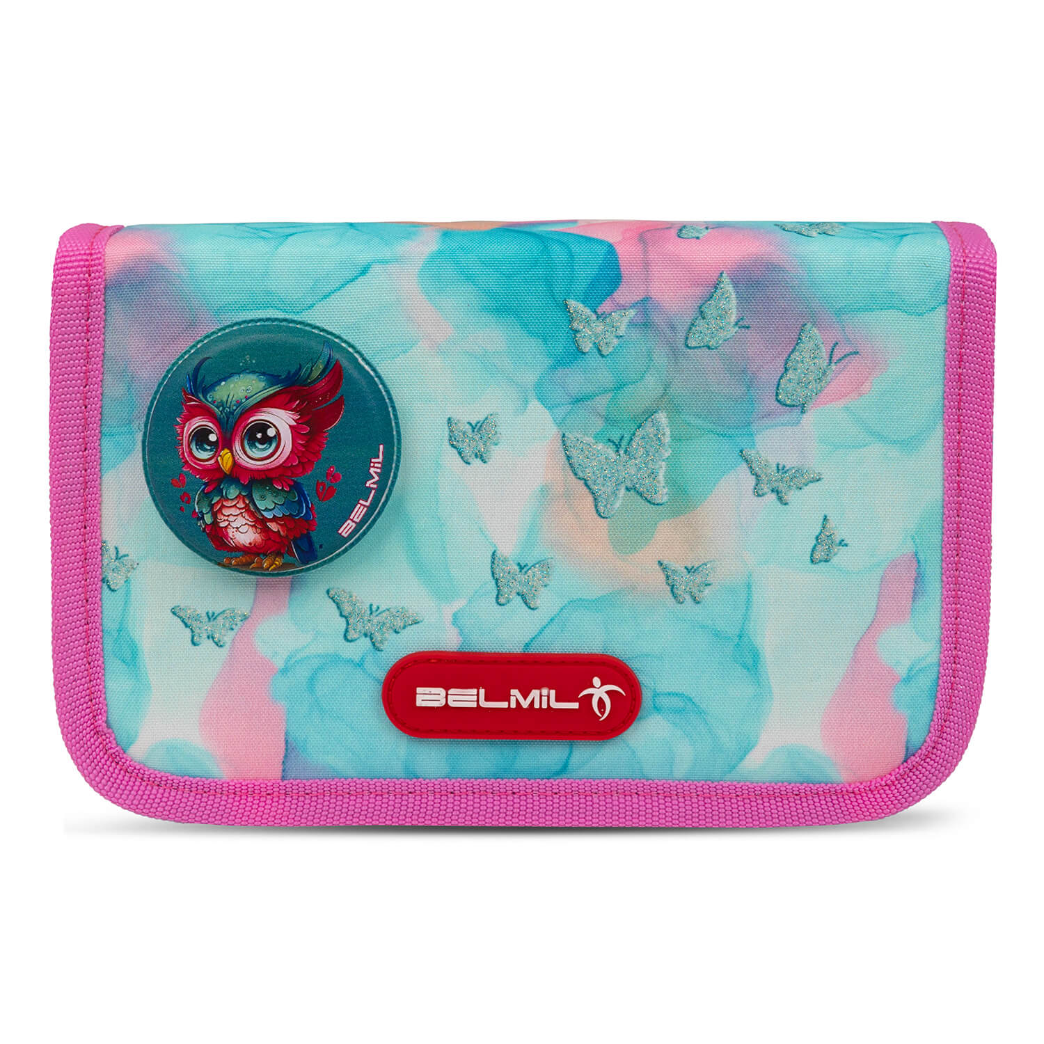 Stylish embroidered Velcro areas on the Belmil Classy Plus Ergonomic School Bag Set for Girls “Aqua Rose” Design + Unicorn Raincoat – 6-Piece Back-Friendly Starter Set.