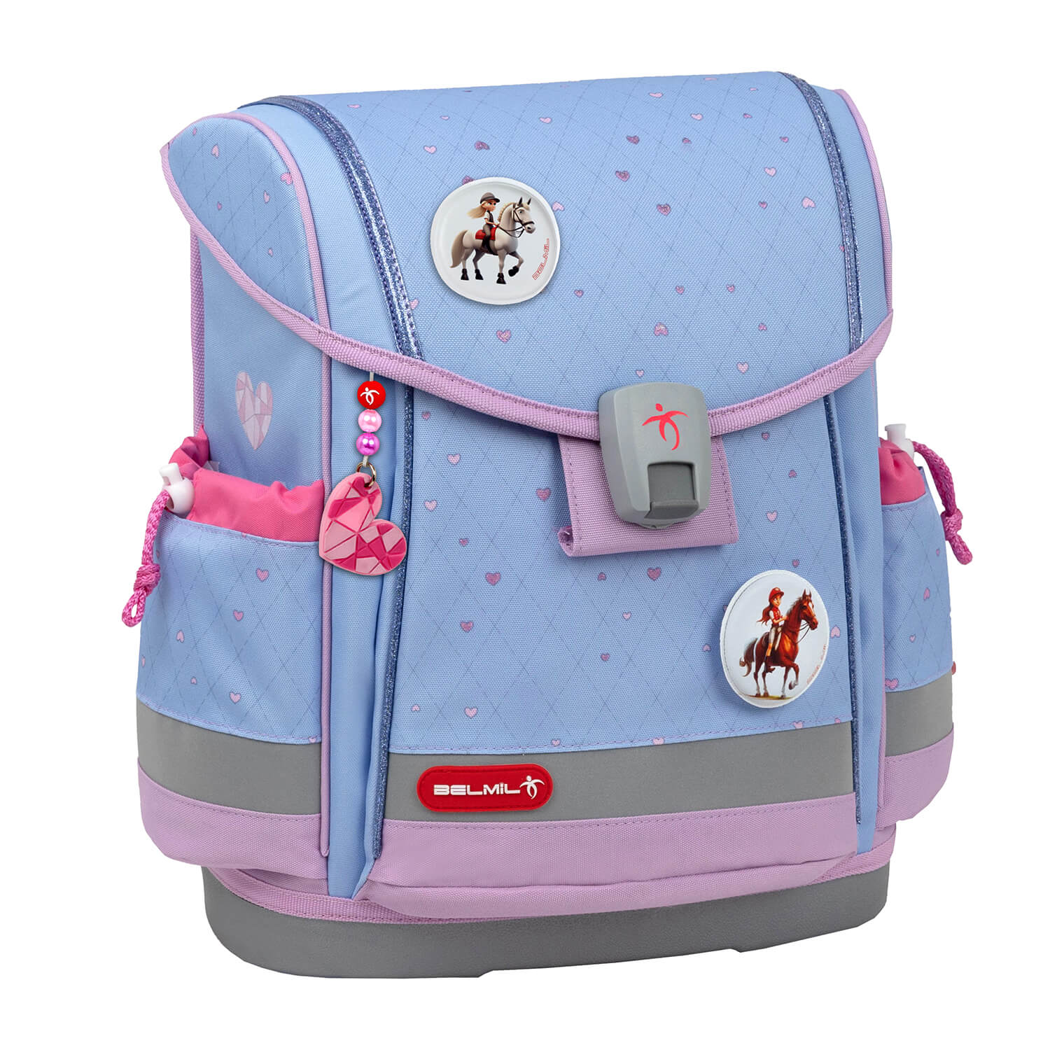Stylish decorative patches featured in the Belmil Classy Plus Ergonomic School Bag Set for Girls “Lavander” Design + Unicorn Raincoat – 6-Piece Back-Friendly Starter Set.
