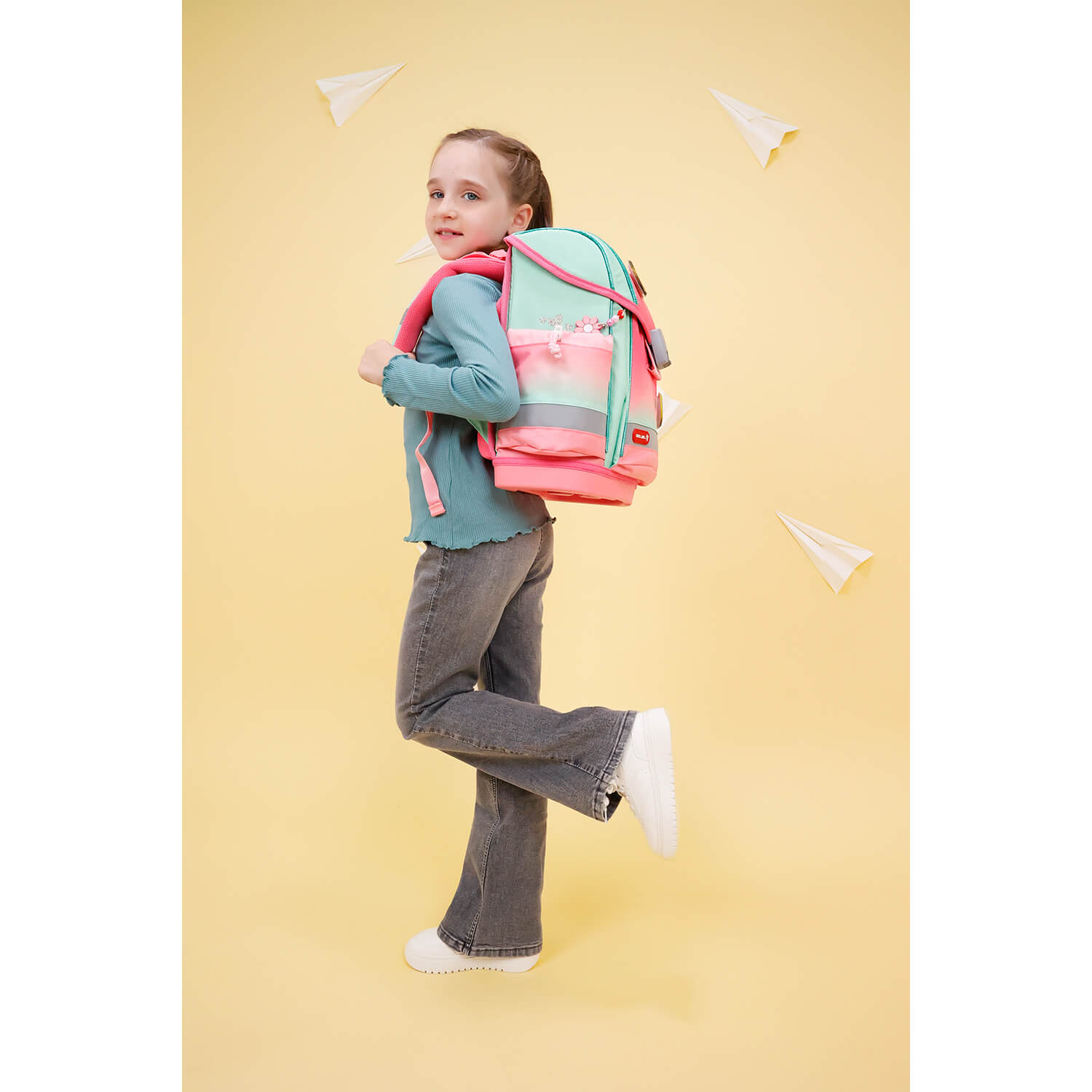 Colorful and stylish Belmil Classy Plus Ergonomic School Bag Set for Girls “Mint Rose Ombre” Design + Unicorn Raincoat – 6-Piece Back-Friendly Starter Set displayed with unicorn raincoat.