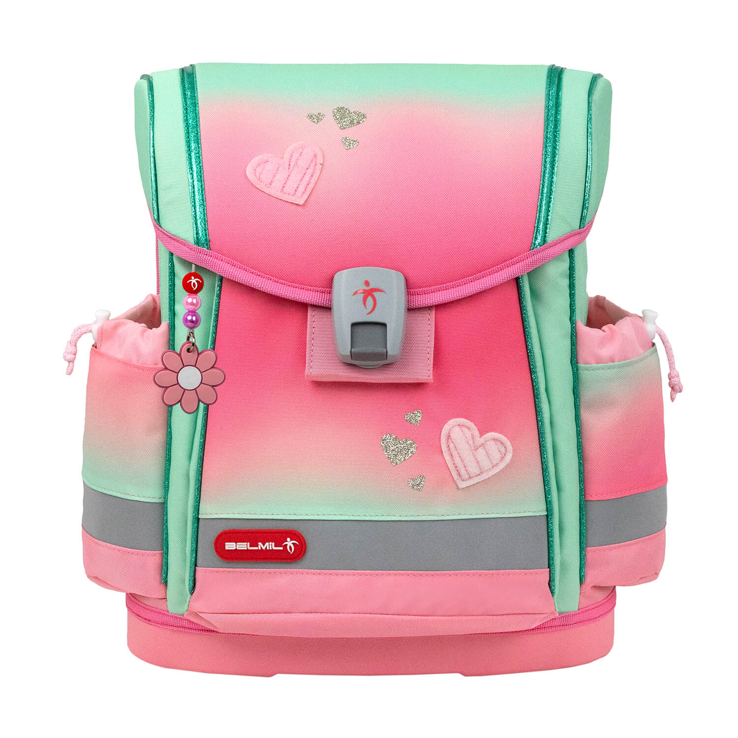 Features of the Belmil Classy Plus Ergonomic School Bag Set for Girls “Mint Rose Ombre” Design + Unicorn Raincoat – 6-Piece Back-Friendly Starter Set highlighting adjustable shoulder straps.