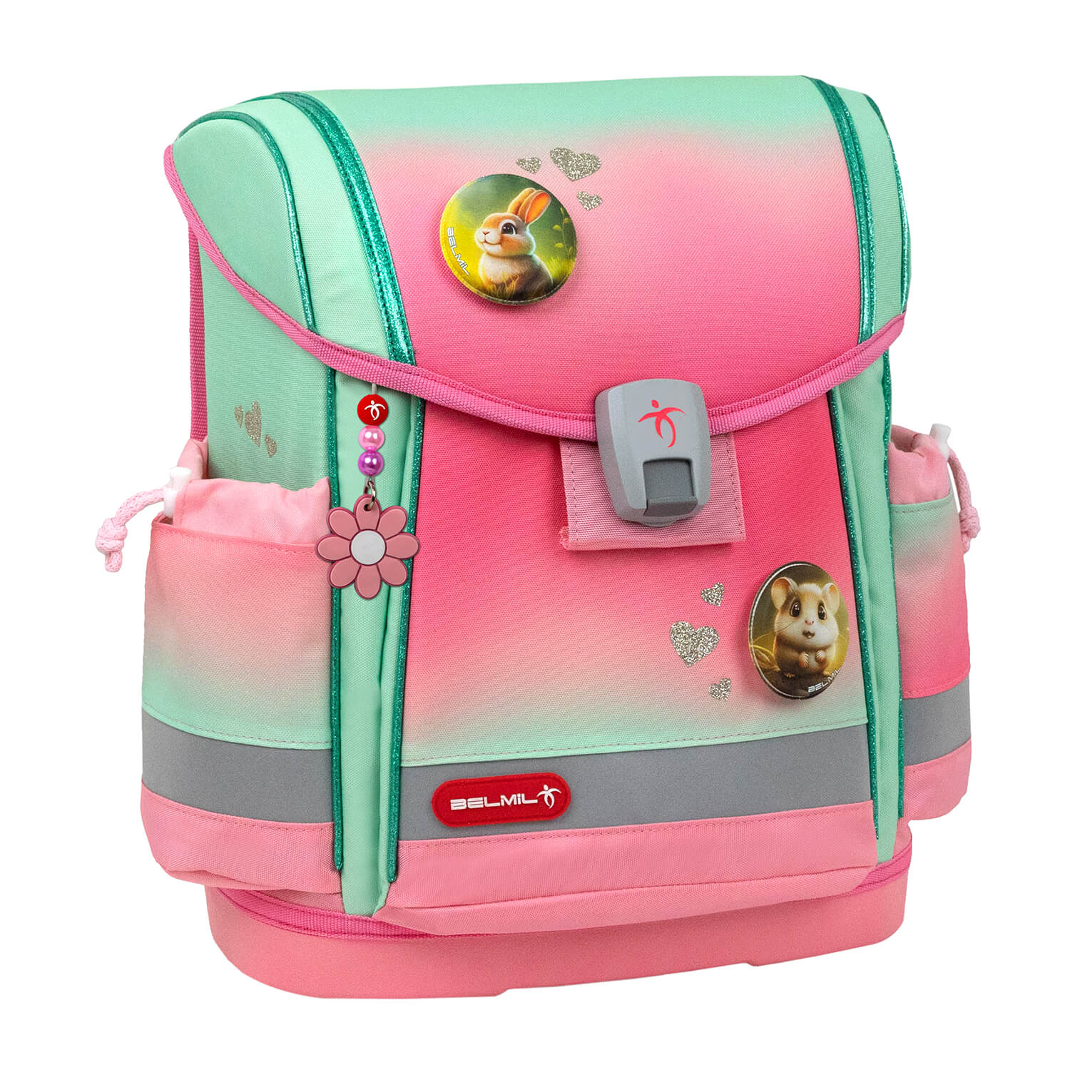 Close-up of the Belmil Classy Plus Ergonomic School Bag Set for Girls “Mint Rose Ombre” Design + Unicorn Raincoat – 6-Piece Back-Friendly Starter Set with reflective elements.