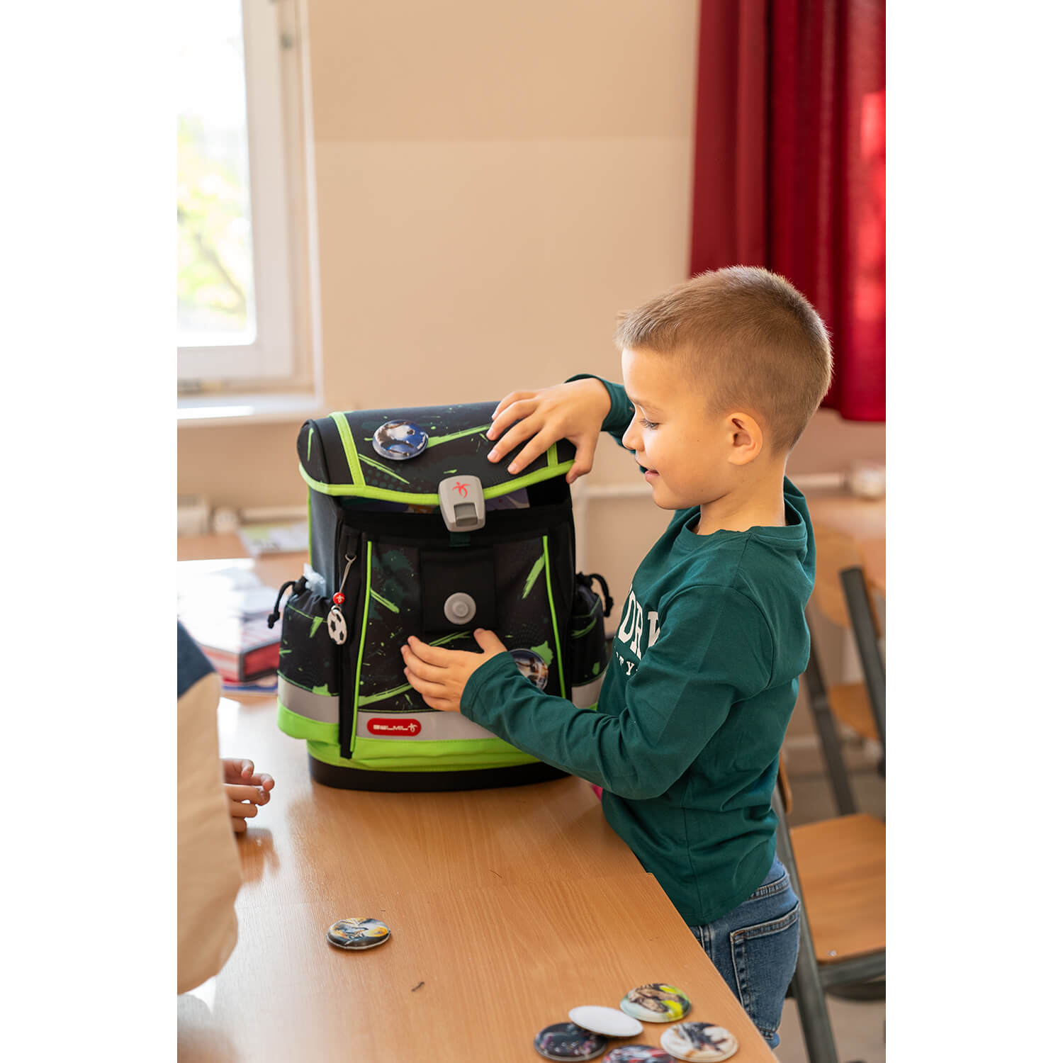 Belmil Classy Plus Ergonomic School Bag Set for Boys “Neon Sport” Design + Dinosaur Raincoat – 6-Piece Back-Friendly Starter Set features the complete set including gym bag and pencil case.