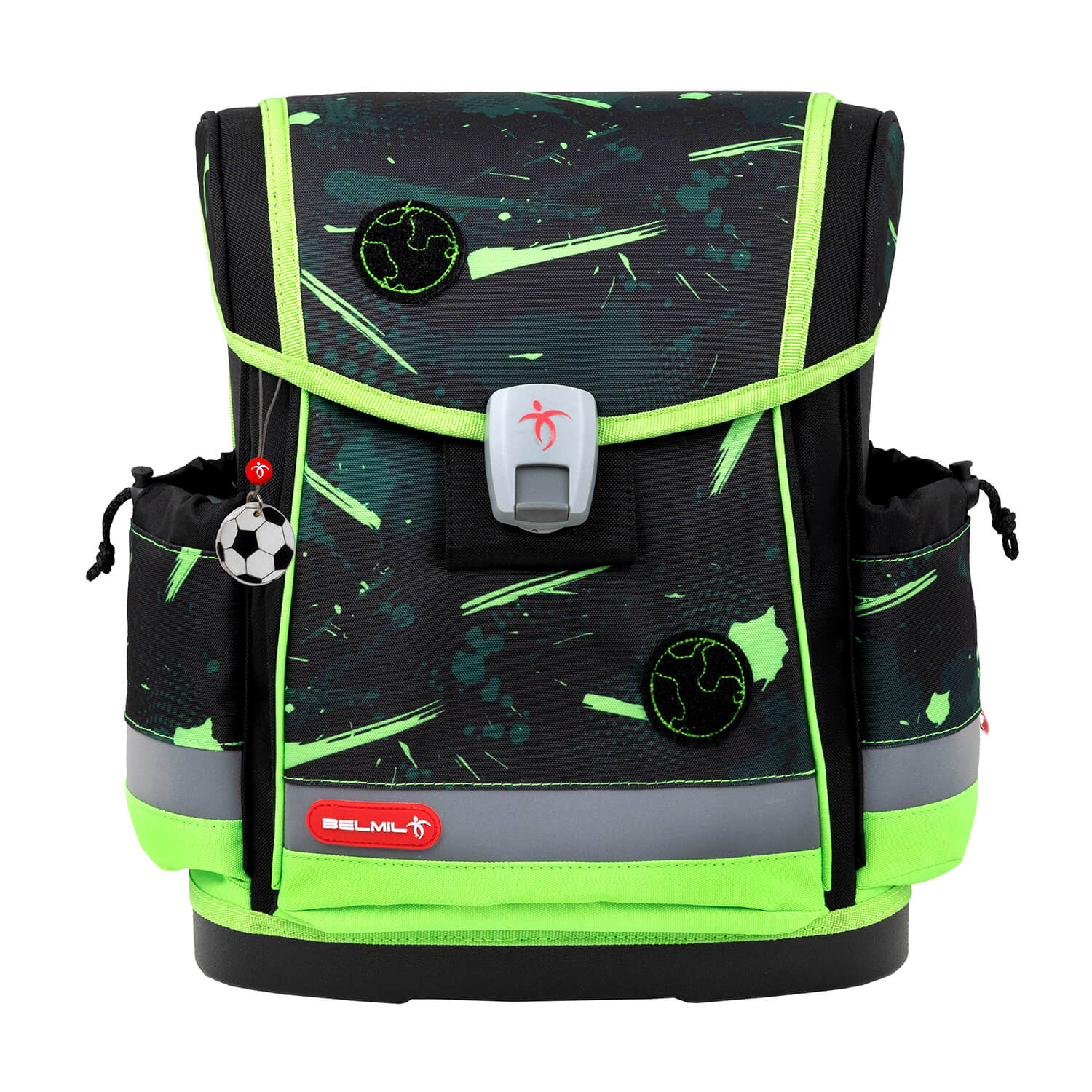 Belmil Classy Plus Ergonomic School Bag Set for Boys “Neon Sport” Design + Dinosaur Raincoat – 6-Piece Back-Friendly Starter Set highlights the unique dinosaur raincoat designed for school usage.