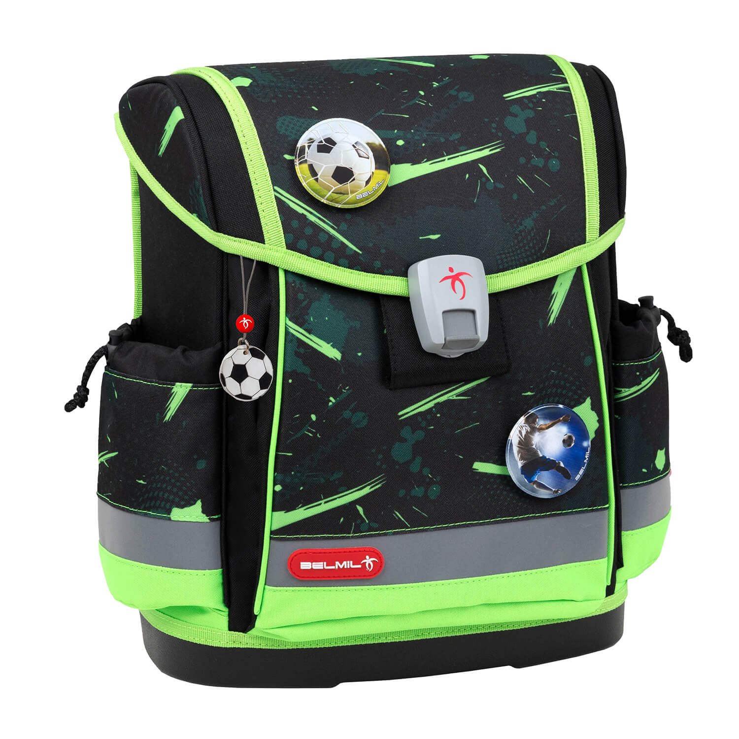Detail of the Belmil Classy Plus Ergonomic School Bag Set for Boys “Neon Sport” Design + Dinosaur Raincoat – 6-Piece Back-Friendly Starter Set showing magnetic Fidlock buckle.