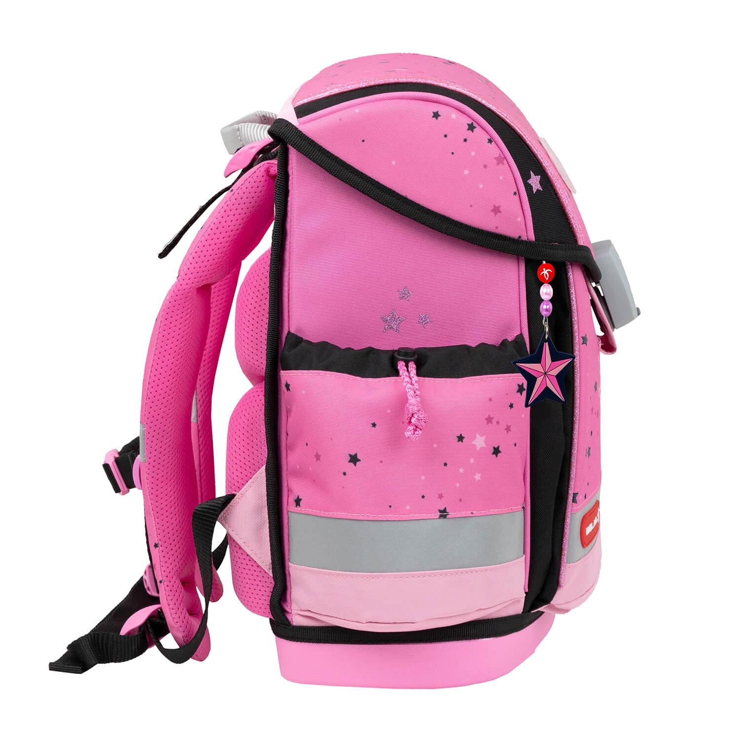 Reflective elements on the Belmil Classy Plus Ergonomic School Bag Set for Girls “Pink Black” Design + Unicorn Raincoat – 6-Piece Back-Friendly Starter Set for safety.