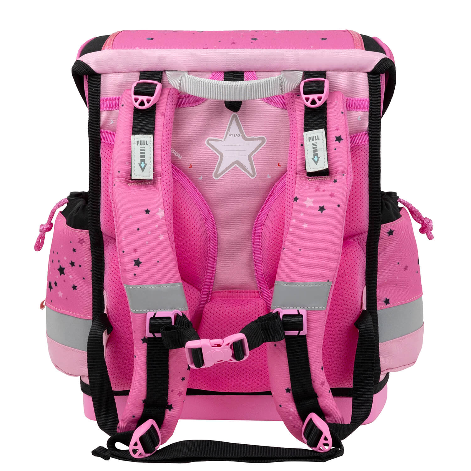 Stylish decorative patches on the Belmil Classy Plus Ergonomic School Bag Set for Girls “Pink Black” Design + Unicorn Raincoat – 6-Piece Back-Friendly Starter Set.