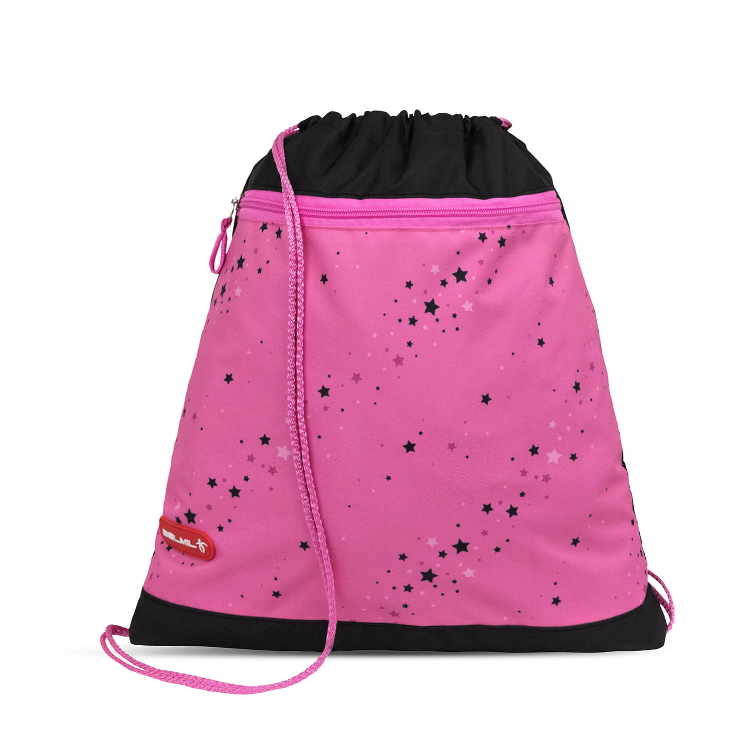 A full view of the Belmil Classy Plus Ergonomic School Bag Set for Girls “Pink Black” Design + Unicorn Raincoat – 6-Piece Back-Friendly Starter Set with gym bag and pencil cases.