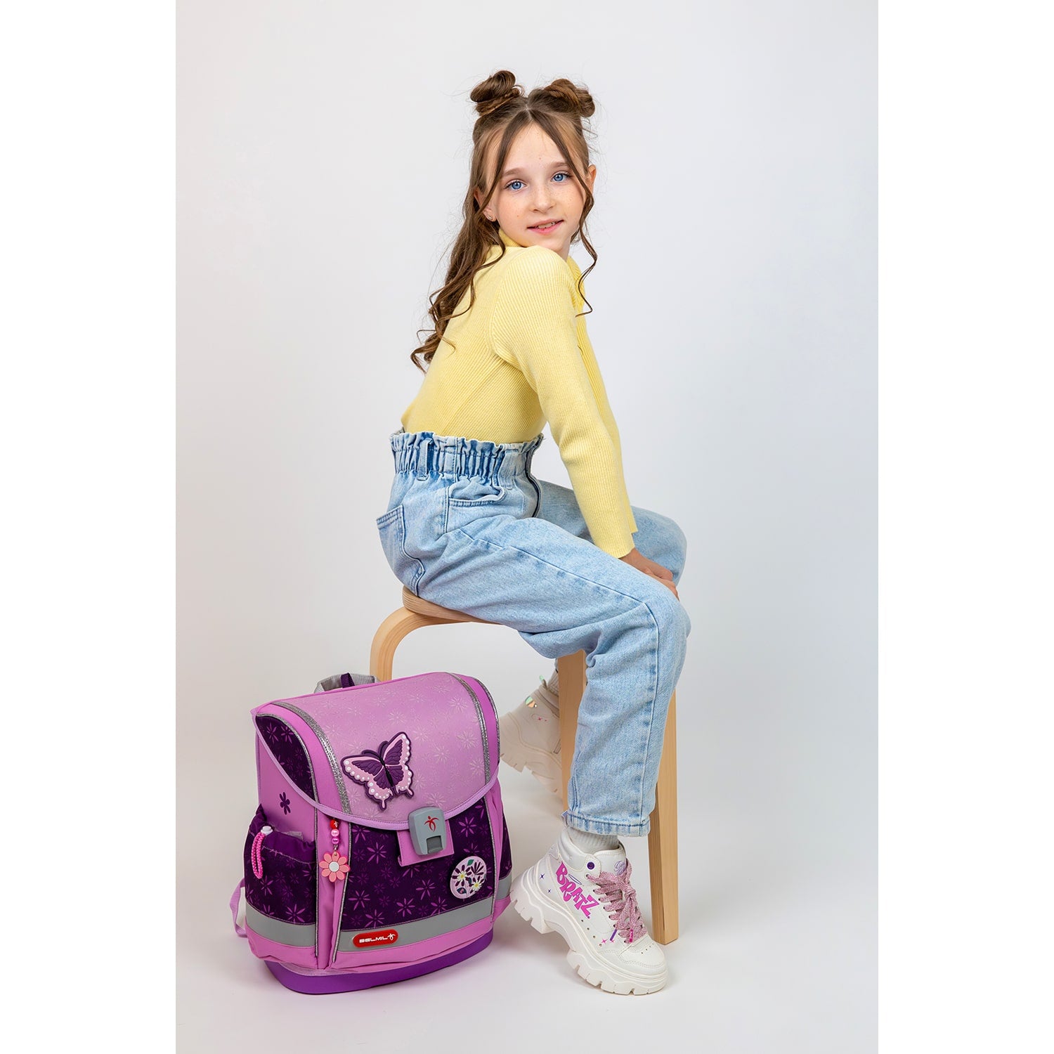 Close-up of the ergonomic design showing breathable padding of the Ergonomic School Bag Set for Girls – Belmil Classy Plus Purple Spring School Bag Set 5 pcs.
