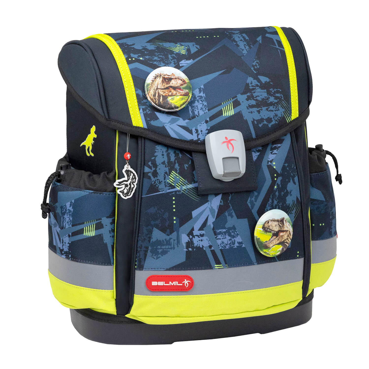 Reflective elements on the Belmil Classy Plus Ergonomic School Bag Set for Boys “T-Rex Lime” Design + Dinosaur Raincoat – 6-Piece Back-Friendly Starter Set enhancing visibility for safety.