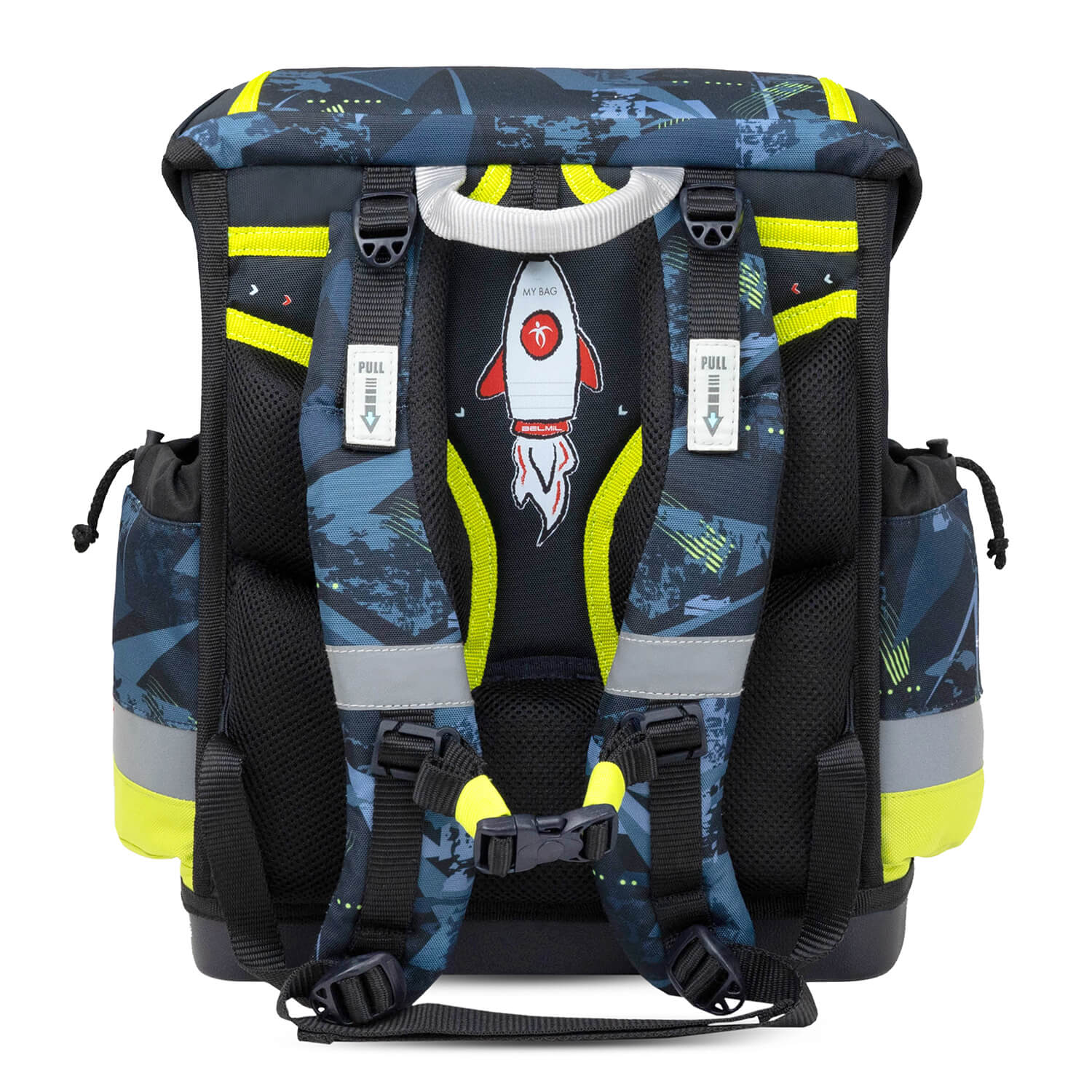 Dinosaur-themed raincoat from the Belmil Classy Plus Ergonomic School Bag Set for Boys “T-Rex Lime” Design + Dinosaur Raincoat – 6-Piece Back-Friendly Starter Set fitting over the school bag.