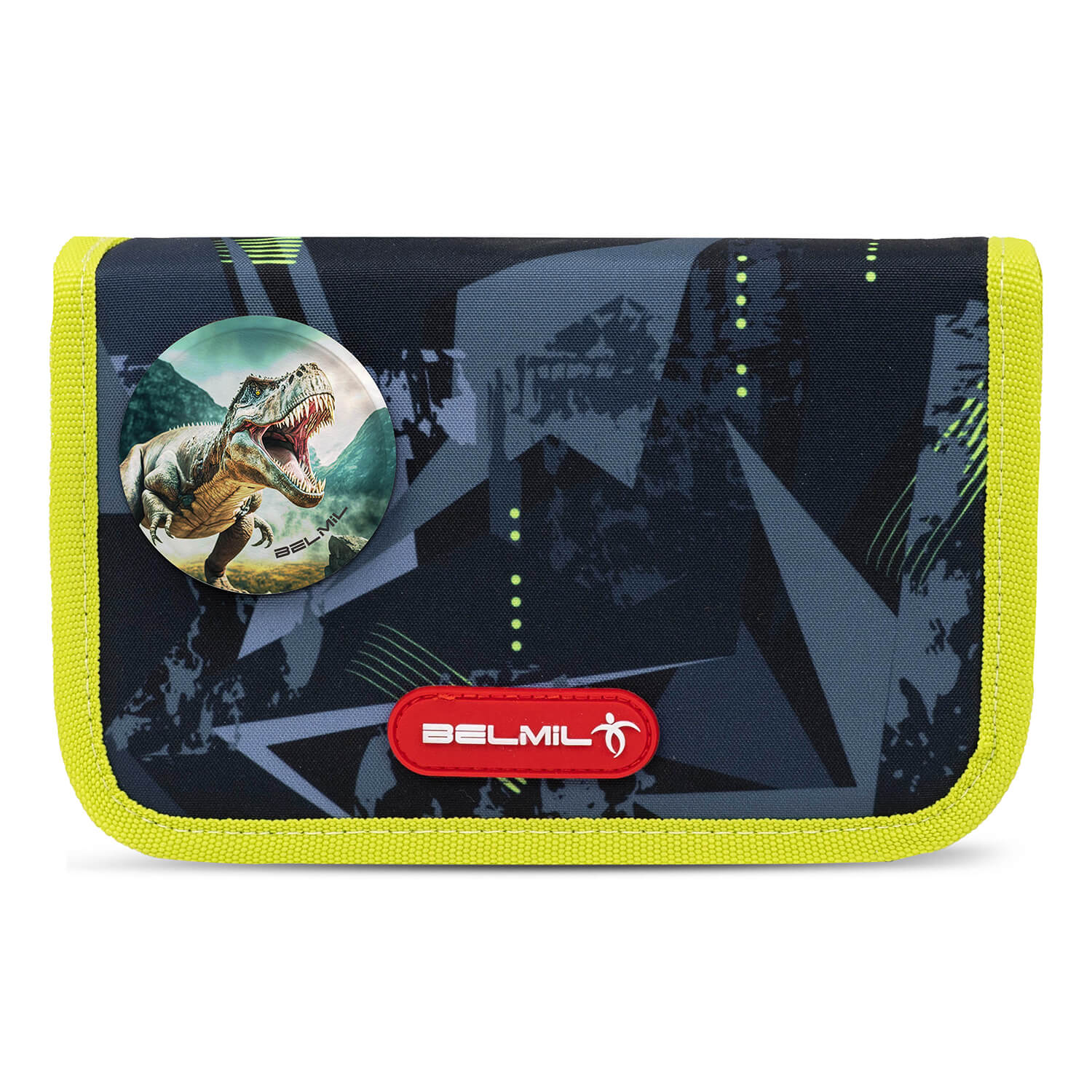 Dynamic T-Rex graphic on the Belmil Classy Plus Ergonomic School Bag Set for Boys “T-Rex Lime” Design + Dinosaur Raincoat – 6-Piece Back-Friendly Starter Set appealing to adventurous kids.