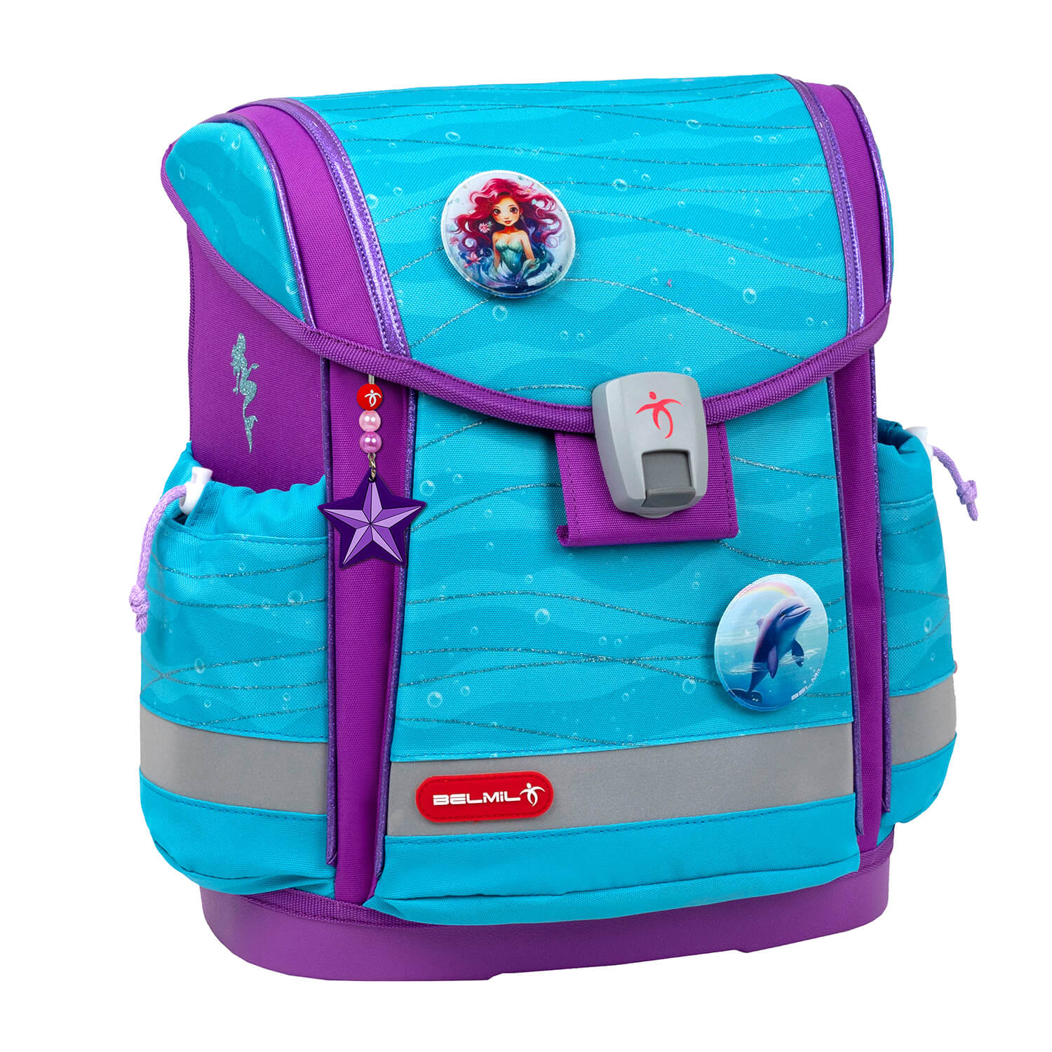 Reflective elements on the Belmil Classy Plus Ergonomic School Bag Set for Girls “Under The Sea” Design + Unicorn Raincoat – 6-Piece Back-Friendly Starter Set for safety.