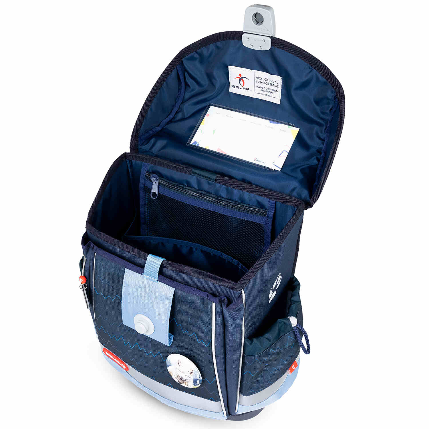 Close-up of the Ergonomic School Bag Set for Boys – Belmil Classy Plus Wolves School Bag Set 5 pcs highlighting the themed embroidered motifs.