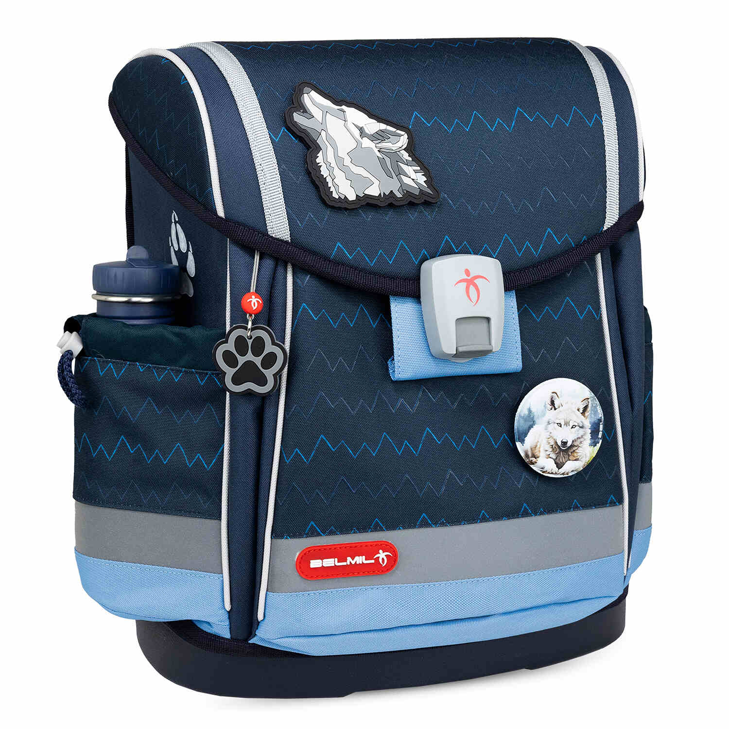 Colorful design features of the Ergonomic School Bag Set for Boys – Belmil Classy Plus Wolves School Bag Set 5 pcs including blue tones and zig-zag patterns.