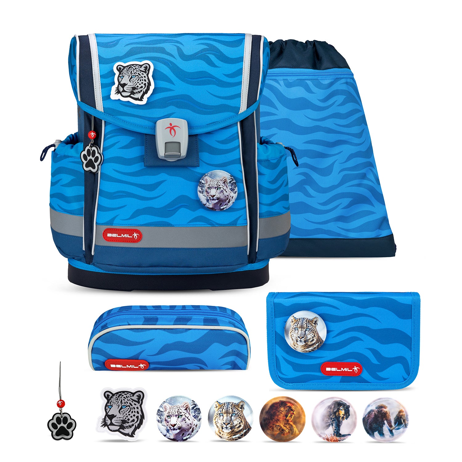 Belmil Classy Plus Animal Kingdom School Bag Set for Boys + Stone Age Patch Set (5 pcs) showcasing its ergonomic design for schoolboys.