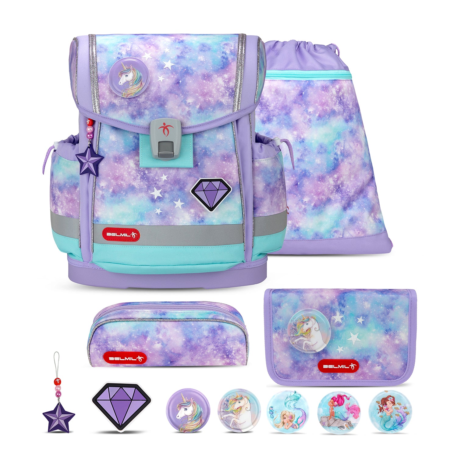Stylish Belmil Classy Plus Diamond Unicorn School Bag Set for Girls + Mermaid Patch Set (5 pcs) displayed against a colorful backdrop.