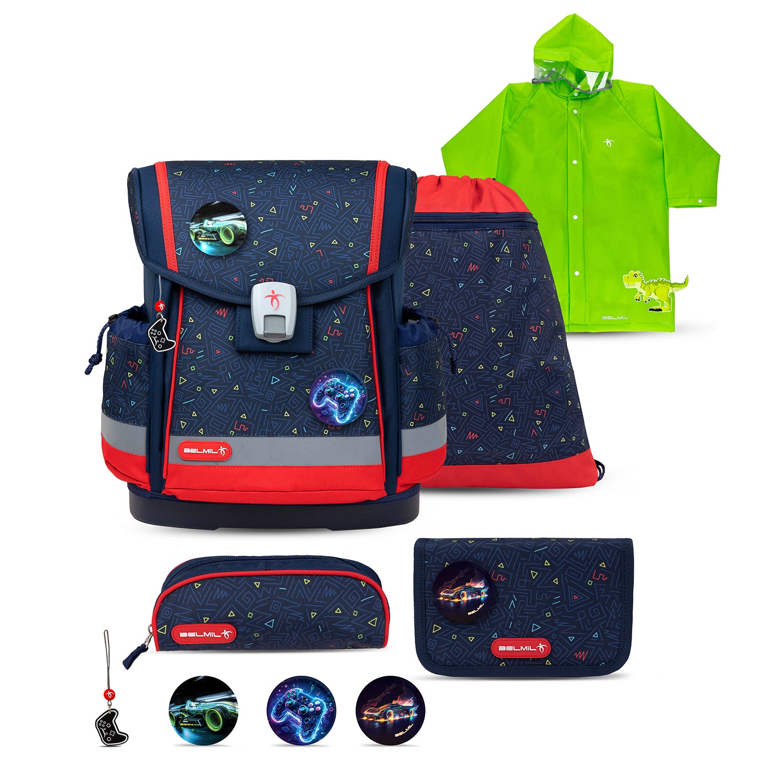 Belmil Classy Plus Ergonomic School Bag Set for Boys “Gamer” Design + Dinosaur Raincoat – 6-Piece Back-Friendly Starter Set displayed with colorful gaming graphics.