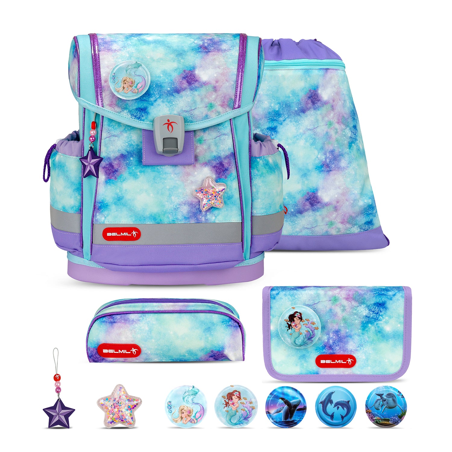 Belmil Classy Plus Mermaids School Bag Set for Girls + Under the Sea Patch Set (5 pcs) featuring an ergonomic design suitable for first graders.