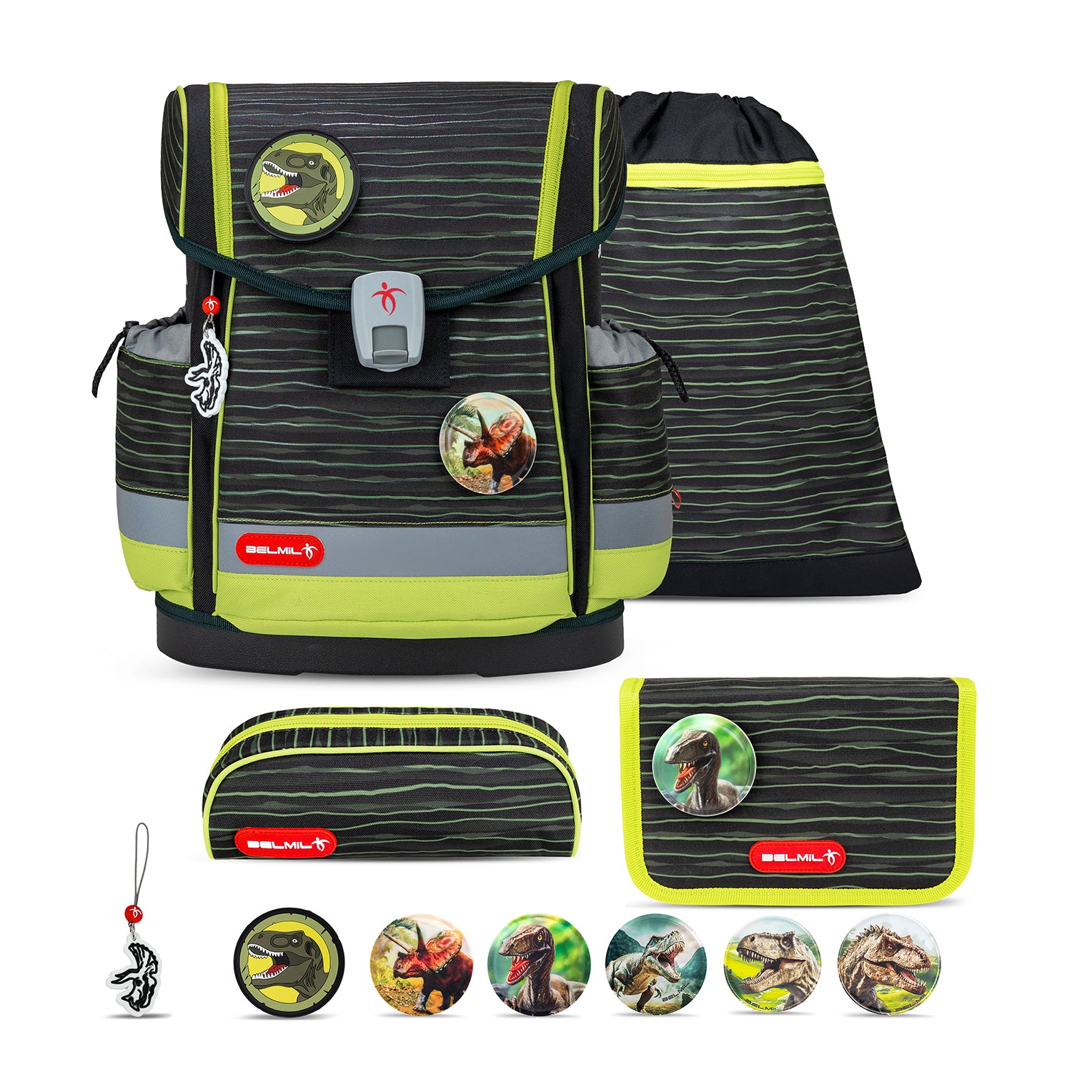 Belmil Classy Plus Prehistoric Times School Bag Set for Boys + Lost World Patch Set (5 pcs) featuring a colorful design with dinosaur graphics.