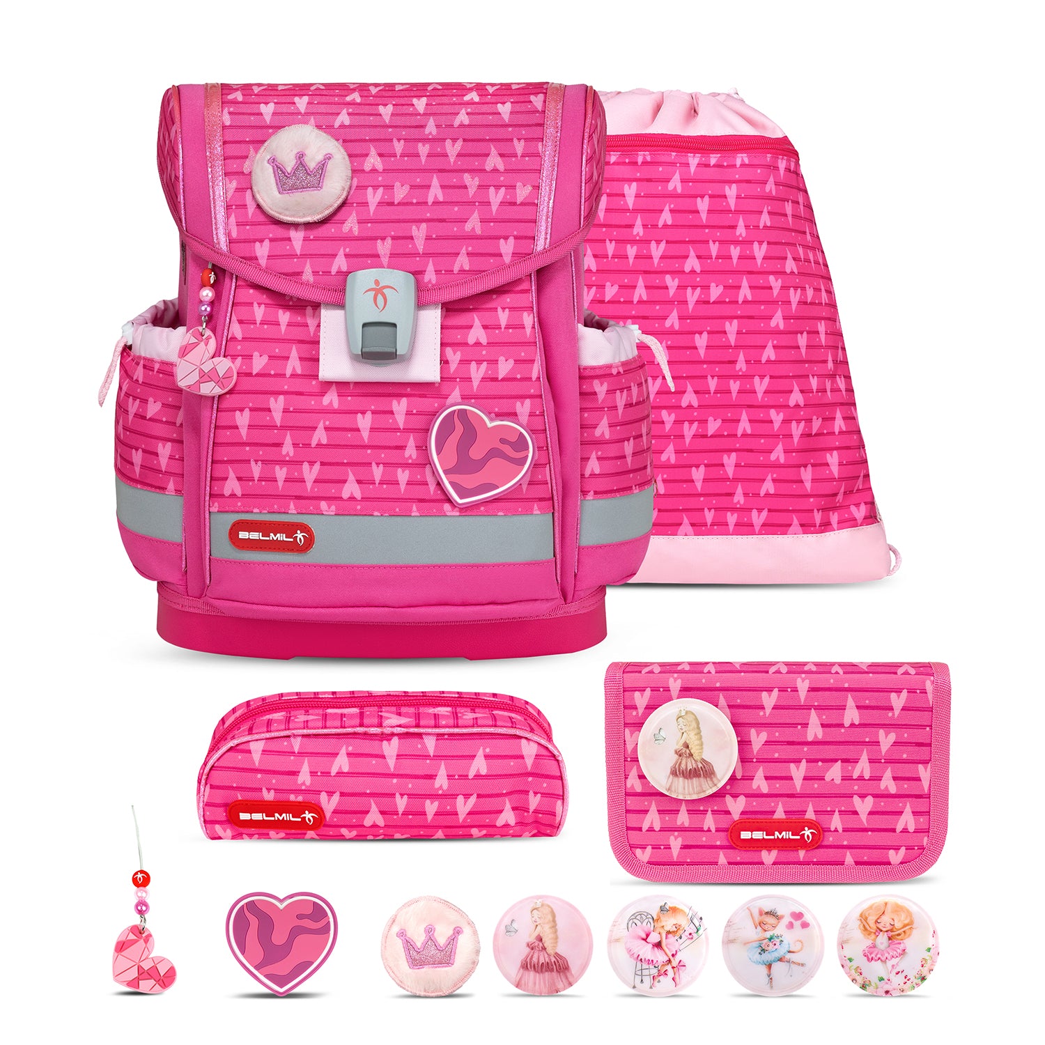 Belmil Classy Plus Princess School Bag Set for Girls + Ballerina Patch Set (5 pcs) featuring ergonomic design, lightweight construction, and stylish princess theme with detachable ballerina patches.
