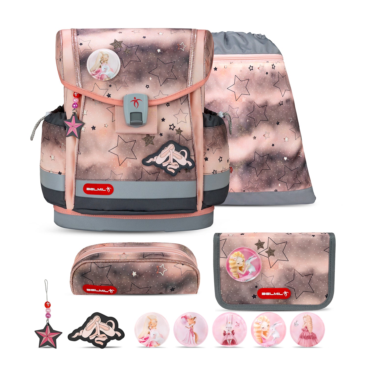 Belmil Classy Plus Rose Ballet School Bag Set for Girls + Ballerina Patch Set (5 pcs) showcasing ergonomic design, lightweight material, and beautiful ballerina motifs, perfect for first graders.