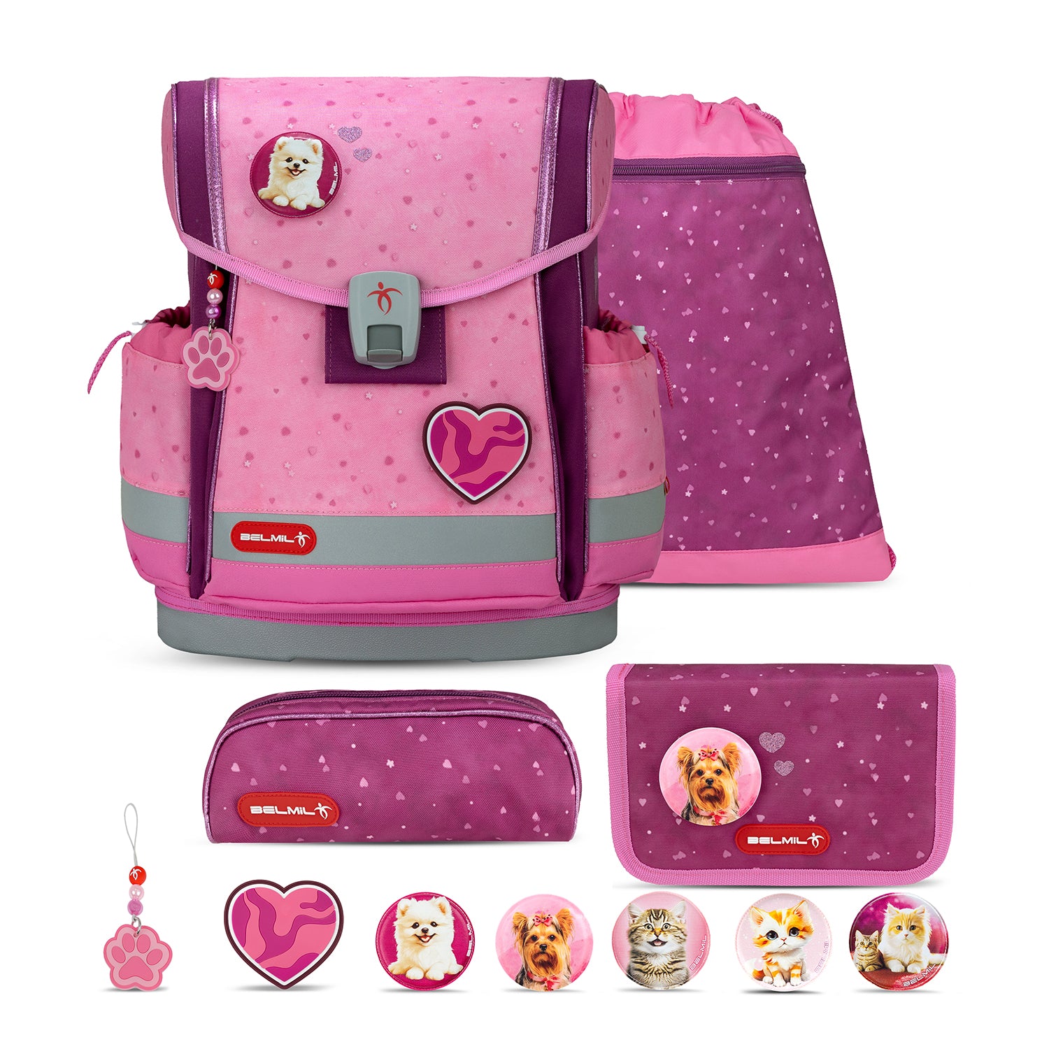 Belmil Classy Plus Rosie Hearts School Bag Set for Girls + Cats Patch Set (5 pcs) featuring ergonomic design, reflective elements, and customizable patches.