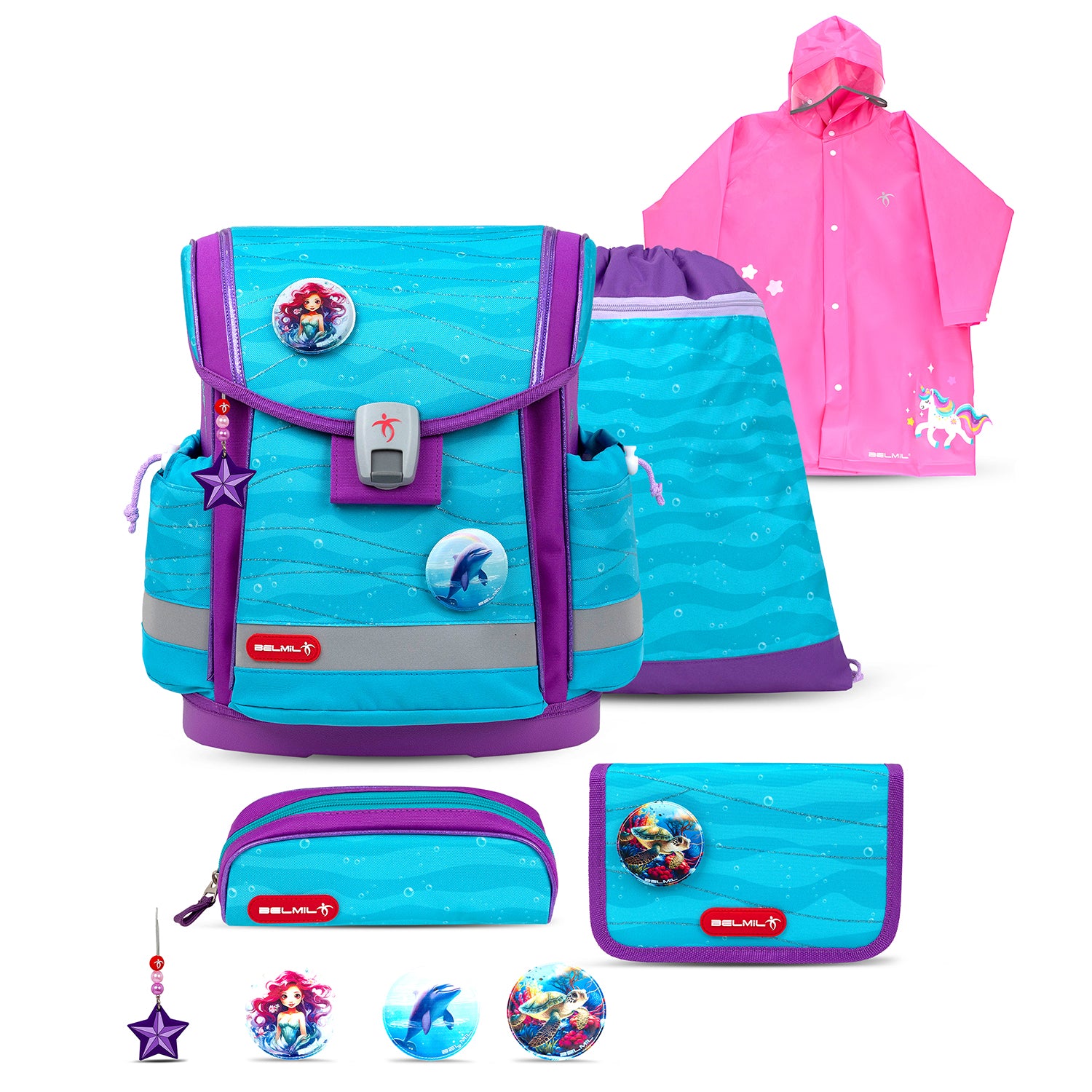 Belmil Classy Plus Ergonomic School Bag Set for Girls “Under The Sea” Design + Unicorn Raincoat – 6-Piece Back-Friendly Starter Set showcasing colorful mermaid graphics.