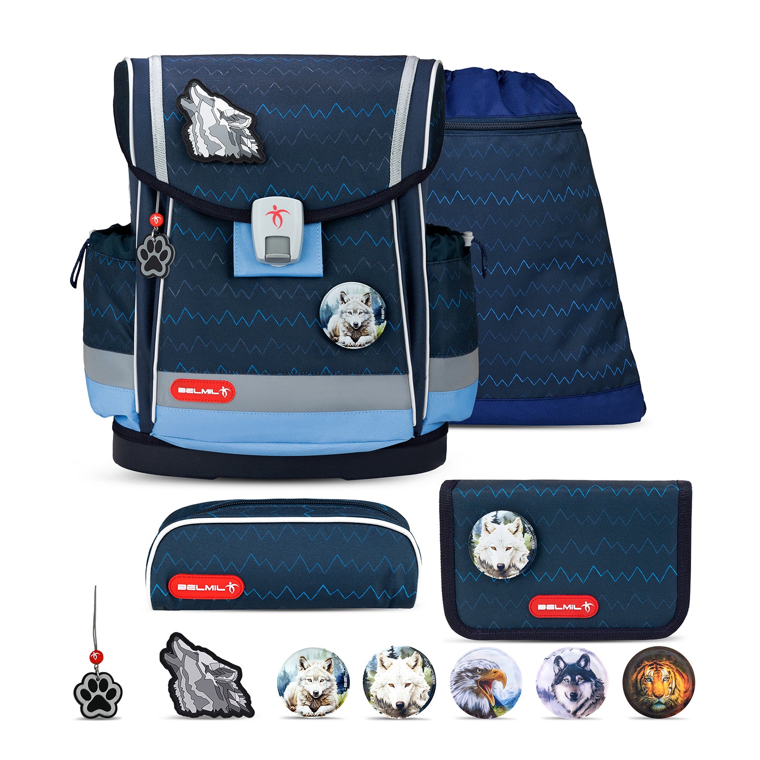 Belmil Classy Plus Wolves School Bag Set for Boys + Wolf Patch Set (5 pcs) featuring ergonomic design, bold wolf motif, and practical compartments perfect for school adventures.