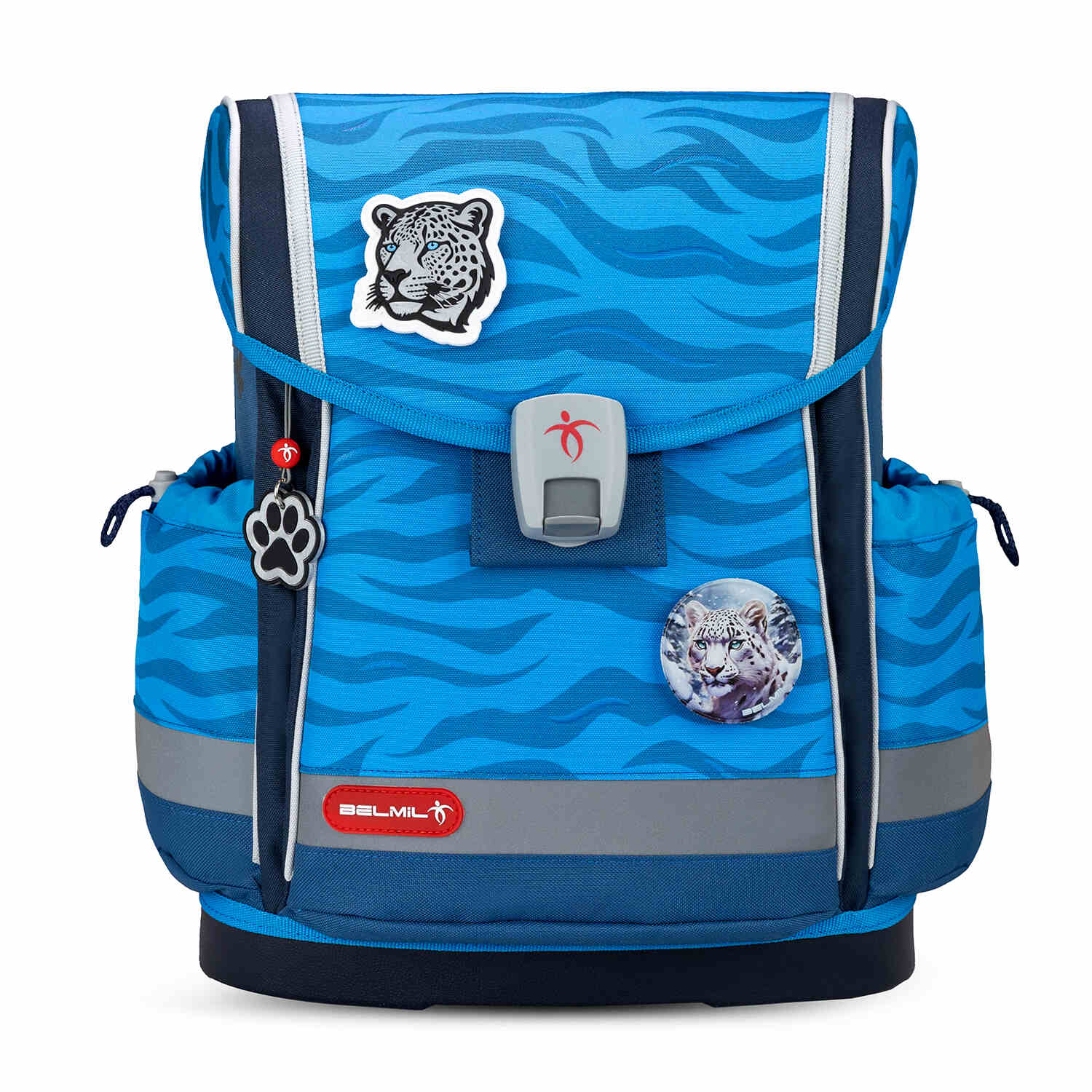 Close-up of the Belmil Classy Plus Animal Kingdom School Bag Set for Boys + Stone Age Patch Set (5 pcs) with durable water-repellent materials.