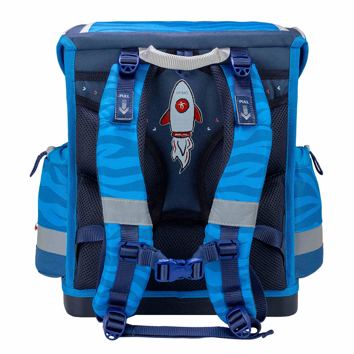 The Belmil Classy Plus Animal Kingdom School Bag Set for Boys + Stone Age Patch Set (5 pcs) highlighting its comfortable padded straps.
