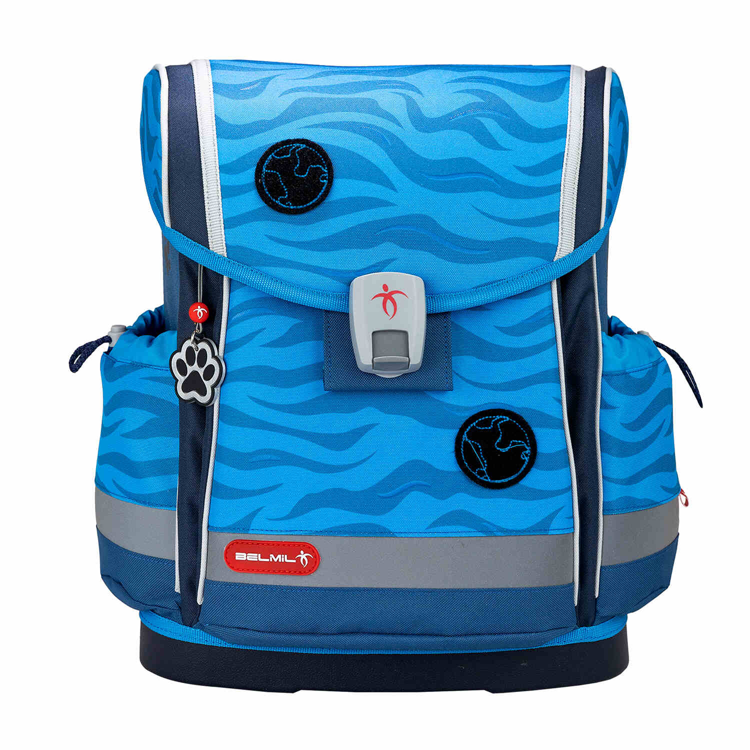 Reflective elements on the Belmil Classy Plus Animal Kingdom School Bag Set for Boys + Stone Age Patch Set (5 pcs) for increased visibility.