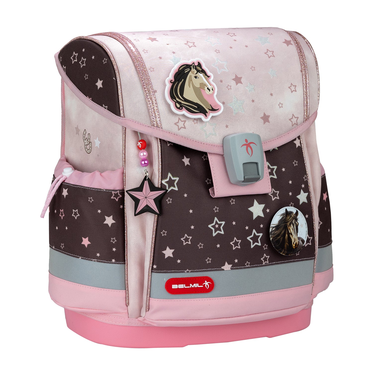 Close-up of Belmil Classy Plus Champion Horses School Bag showing colorful horse motifs and patches.