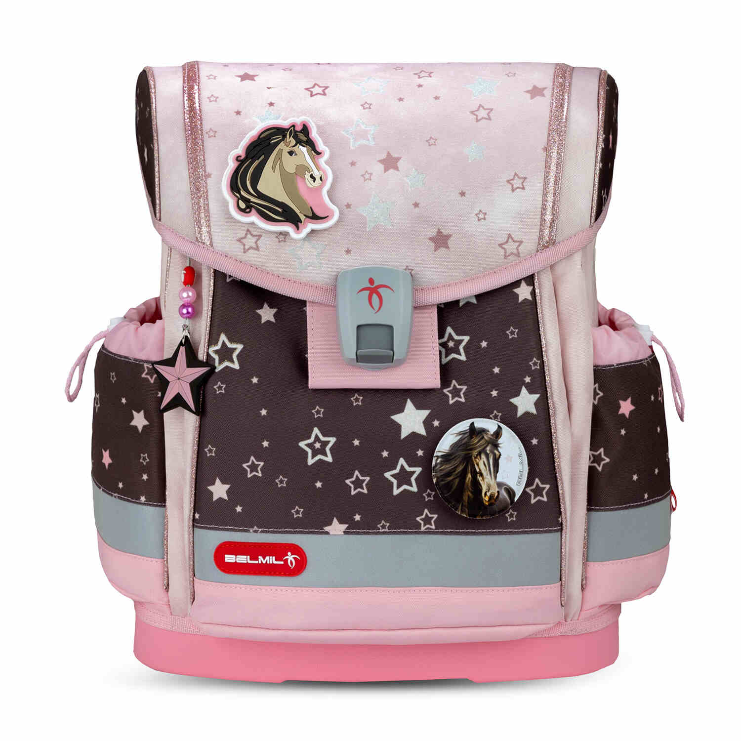 The stylish and functional Belmil Classy Plus Champion Horses schoolbag set 4 pcs with adjustable shoulder straps and chest strap.