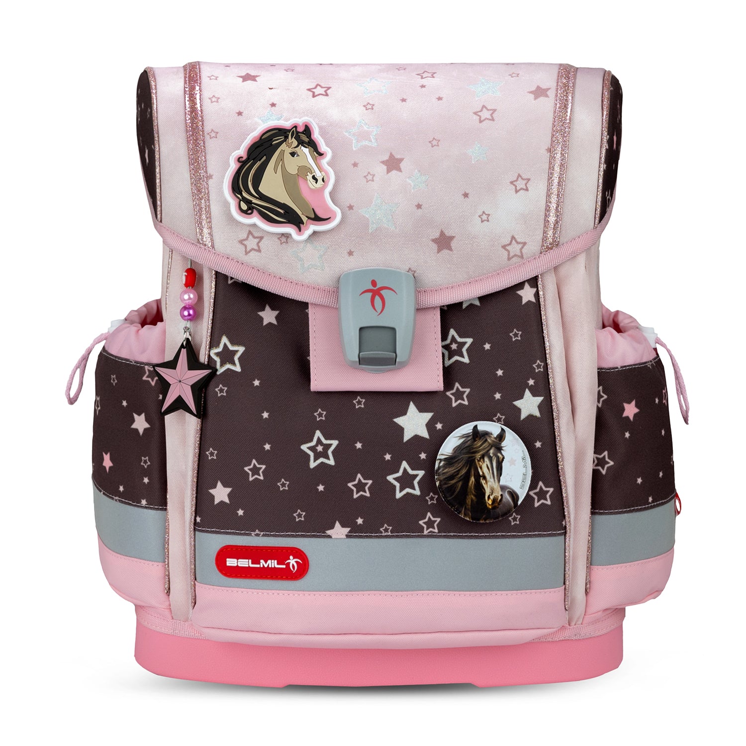Belmil Classy Plus Champion Horses School Bag Set for Girls with reflective elements and adjustable straps.